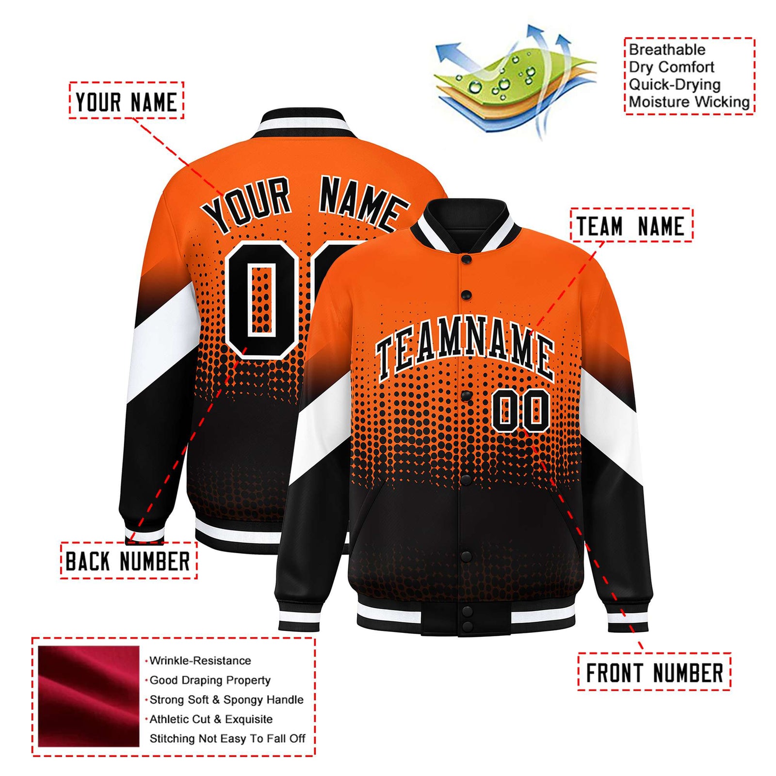 Custom Orange Black Gradient Varsity Full-Snap Polka Dot Pattern Letterman Baseball Jacket