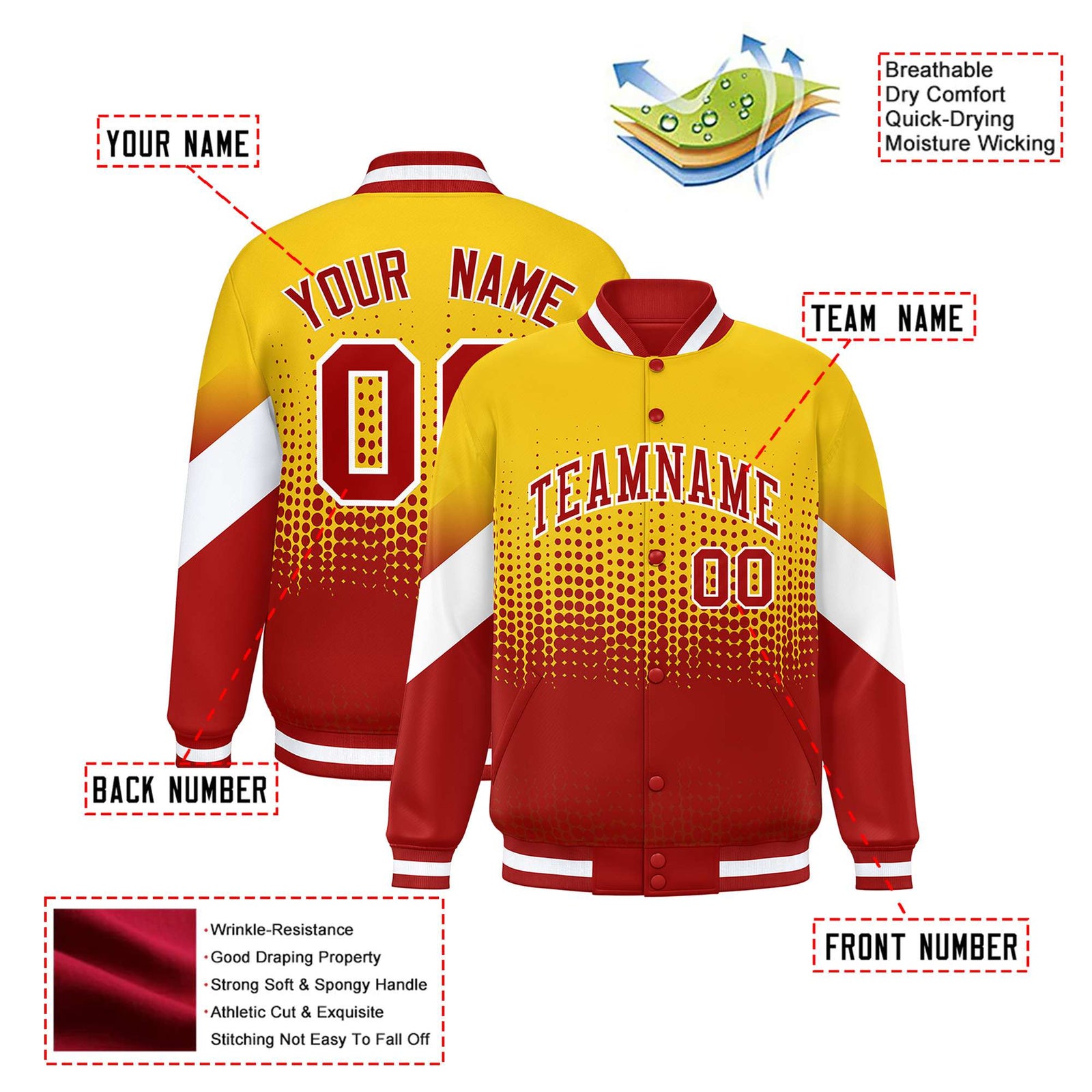 Custom Gold Red Gradient Varsity Full-Snap Polka Dot Pattern Letterman Baseball Jacket