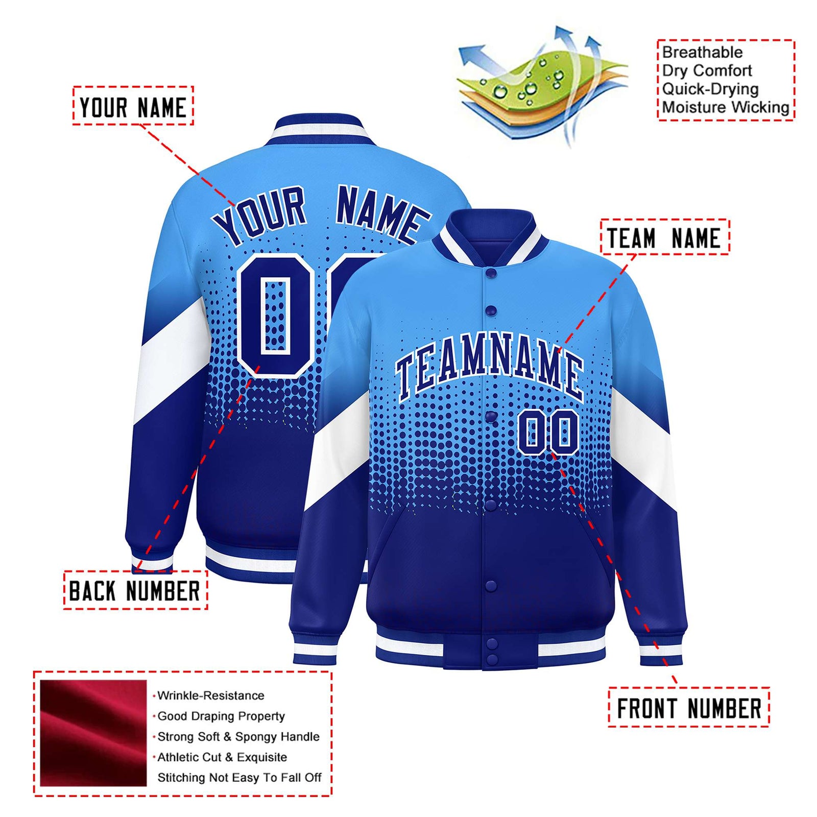 Custom Powder Blue Royal Blue Gradient Varsity Full-Snap Polka Dot Pattern Letterman Baseball Jacket