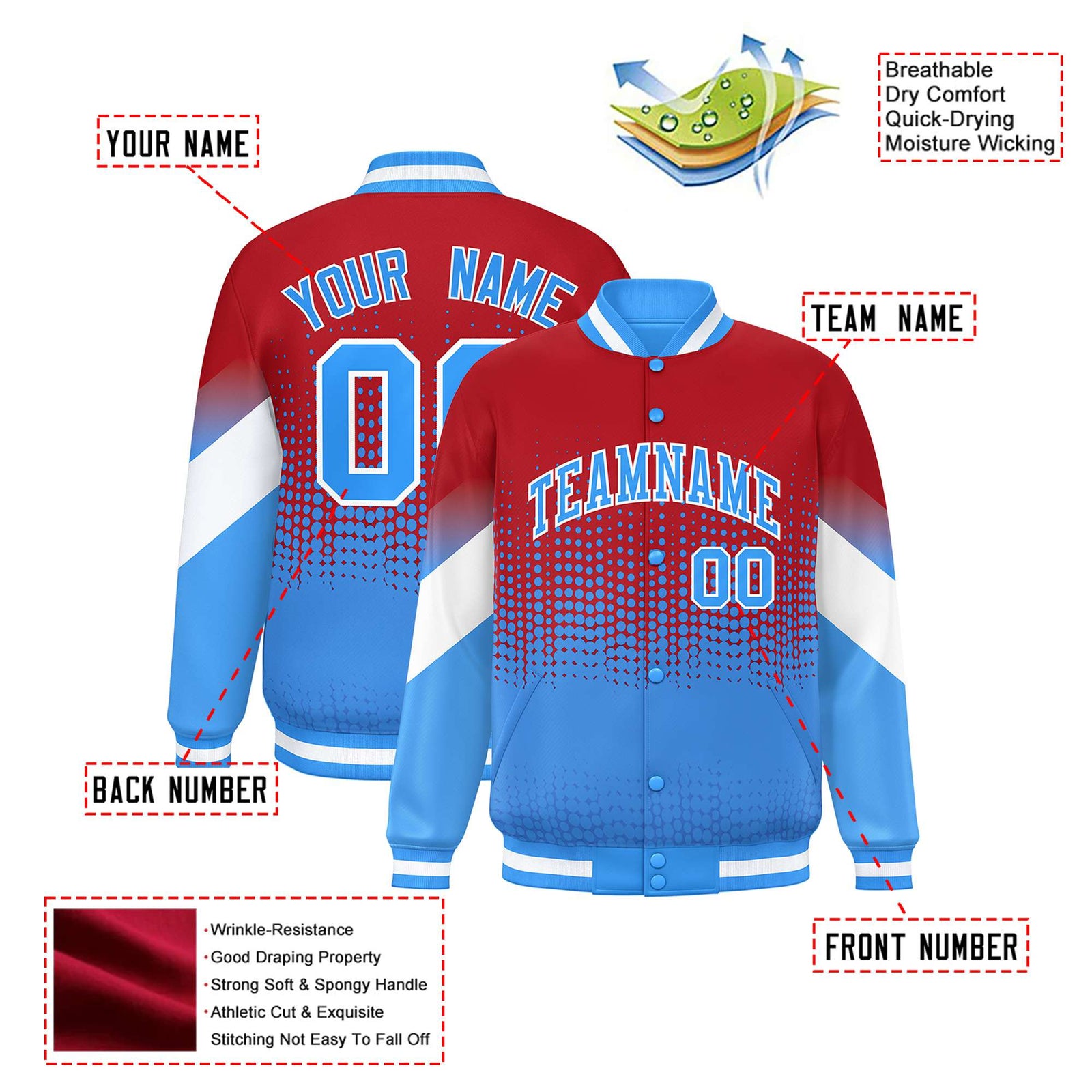 Custom Red Powder Blue Gradient Varsity Full-Snap Polka Dot Pattern Letterman Baseball Jacket