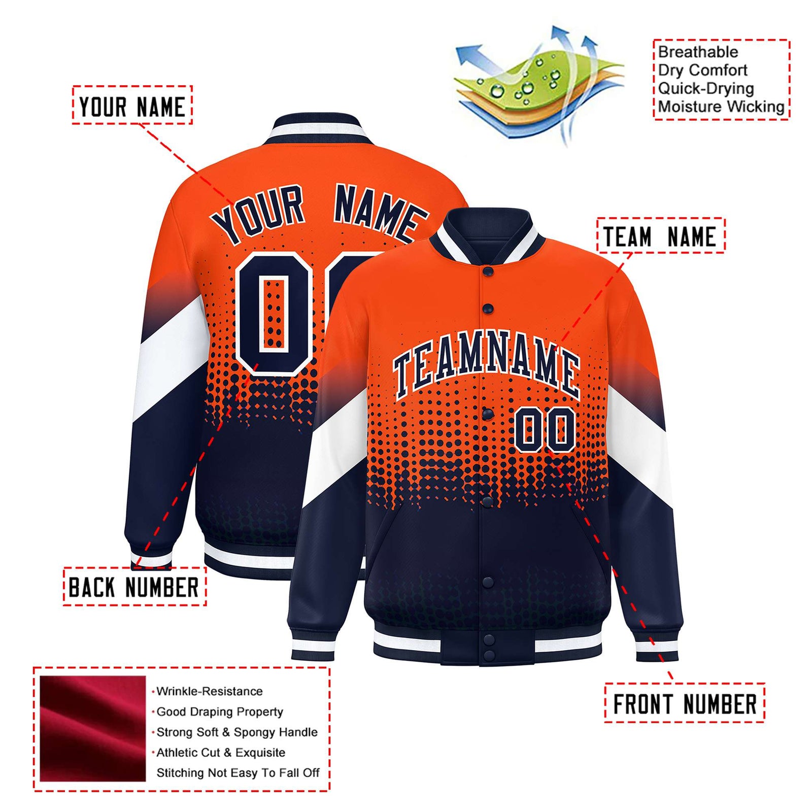 Custom Orange Navy Gradient Varsity Full-Snap Polka Dot Pattern Letterman Baseball Jacket
