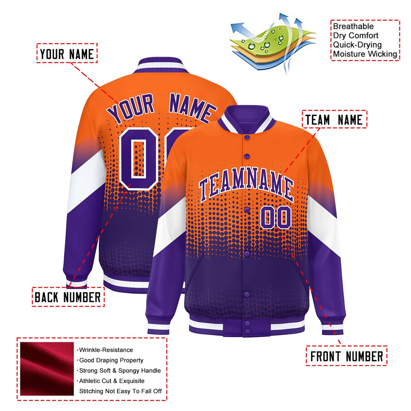 Custom Orange Purple Gradient Varsity Full-Snap Polka Dot Pattern Letterman Baseball Jacket