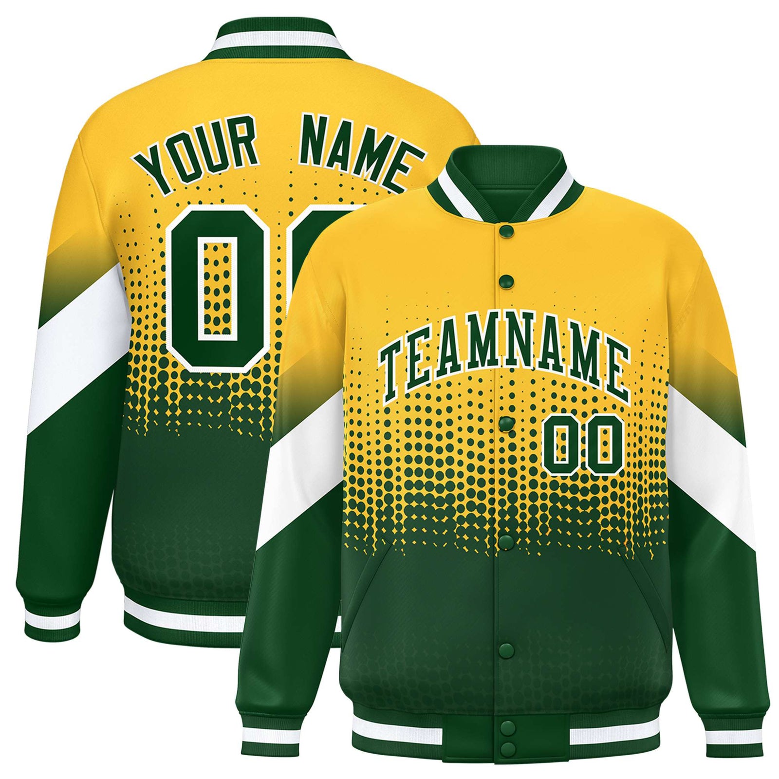 Custom Yellow Green Gradient Varsity Full-Snap Polka Dot Pattern Letterman Baseball Jacket