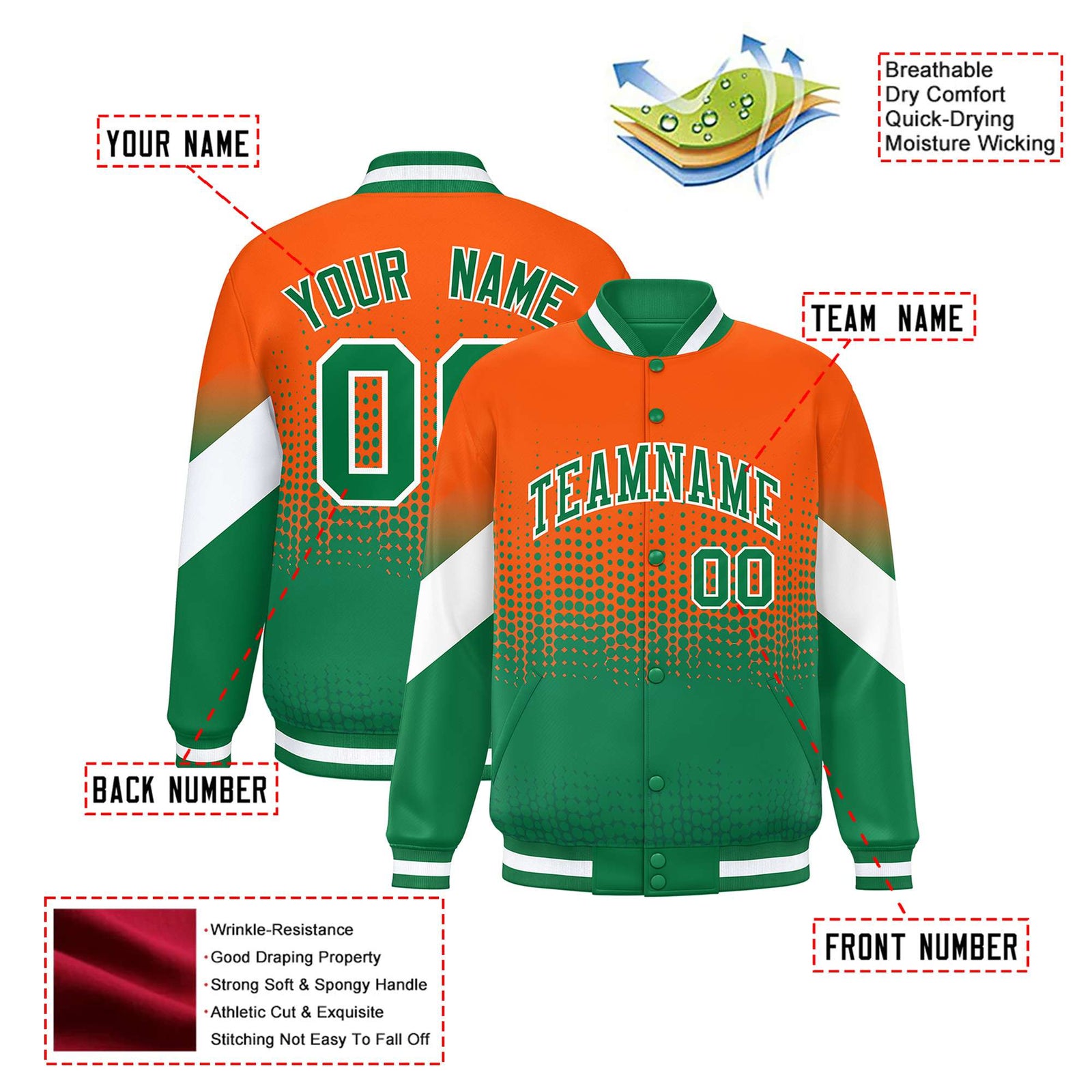 Custom Orange Kelly Green Gradient Varsity Full-Snap Polka Dot Pattern Letterman Baseball Jacket
