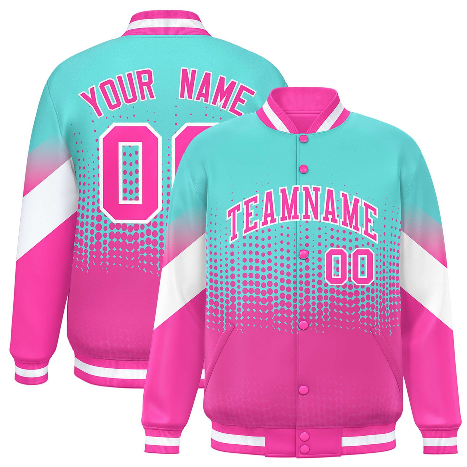 Custom Aqua Pink Gradient Varsity Full-Snap Polka Dot Pattern Letterman Baseball Jacket