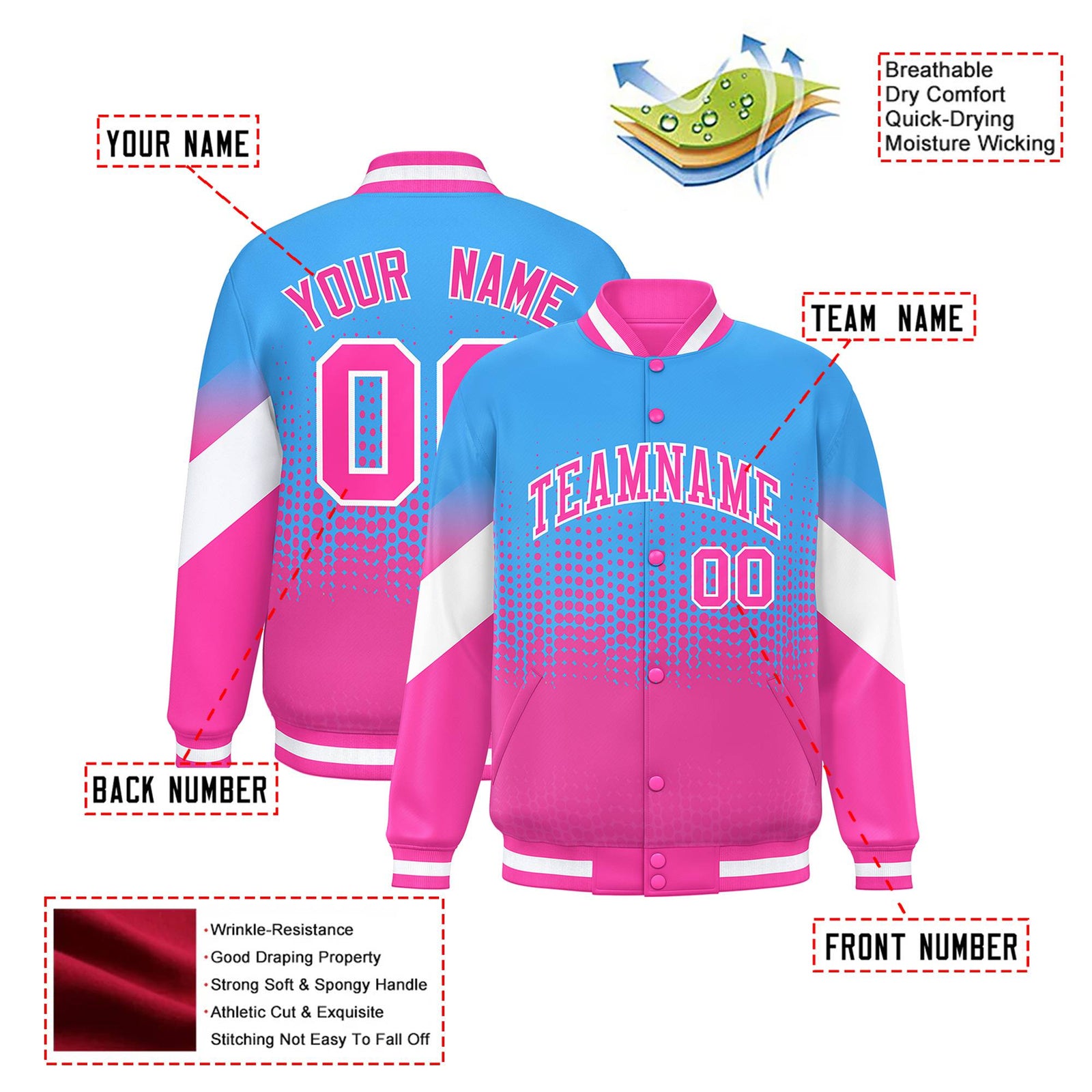 Custom Powder Blue Pink Gradient Varsity Full-Snap Polka Dot Pattern Letterman Baseball Jacket