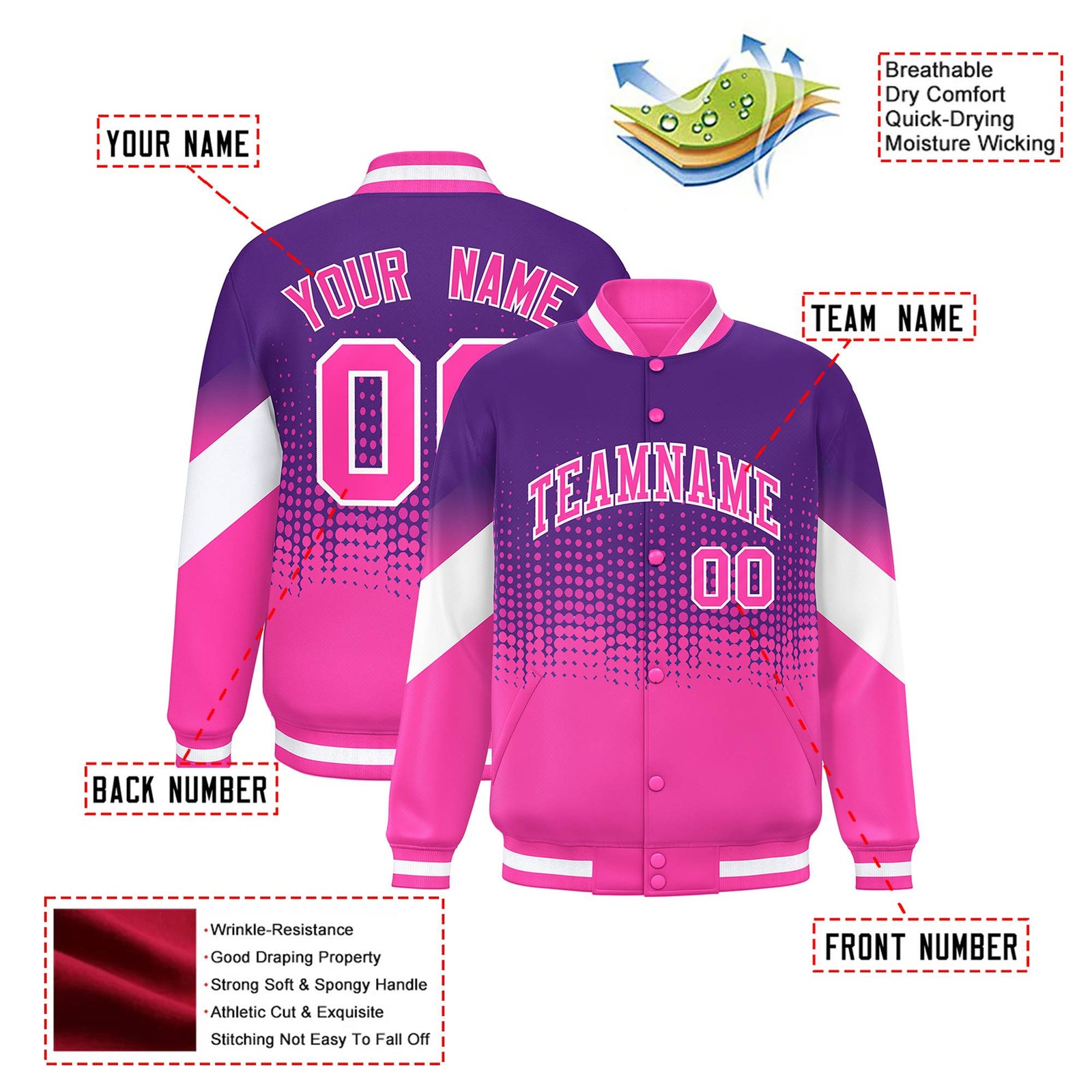 Custom Purple Pink Gradient Varsity Full-Snap Polka Dot Pattern Letterman Baseball Jacket