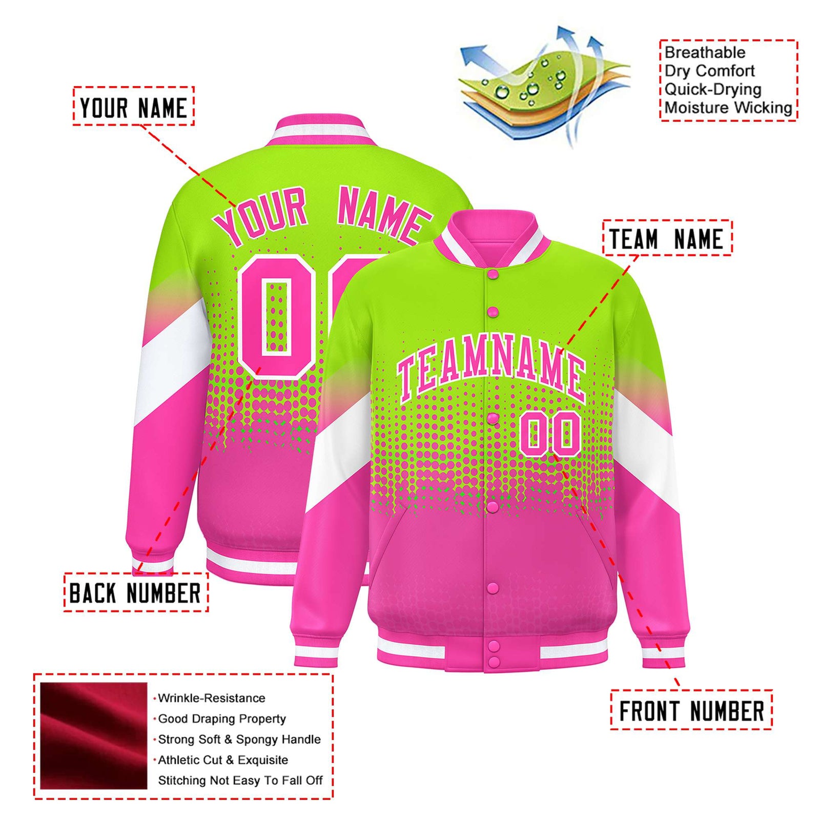 Custom Neon Green Pink Gradient Varsity Full-Snap Polka Dot Pattern Letterman Baseball Jacket