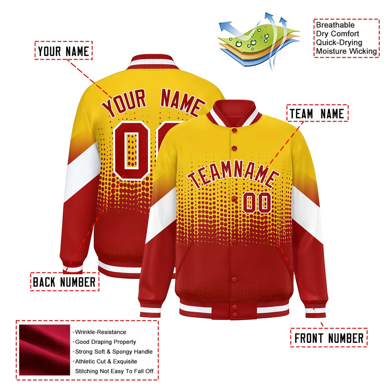 Custom Gold Red Gradient Varsity Full-Snap Polka Dot Pattern Letterman Baseball Jacket