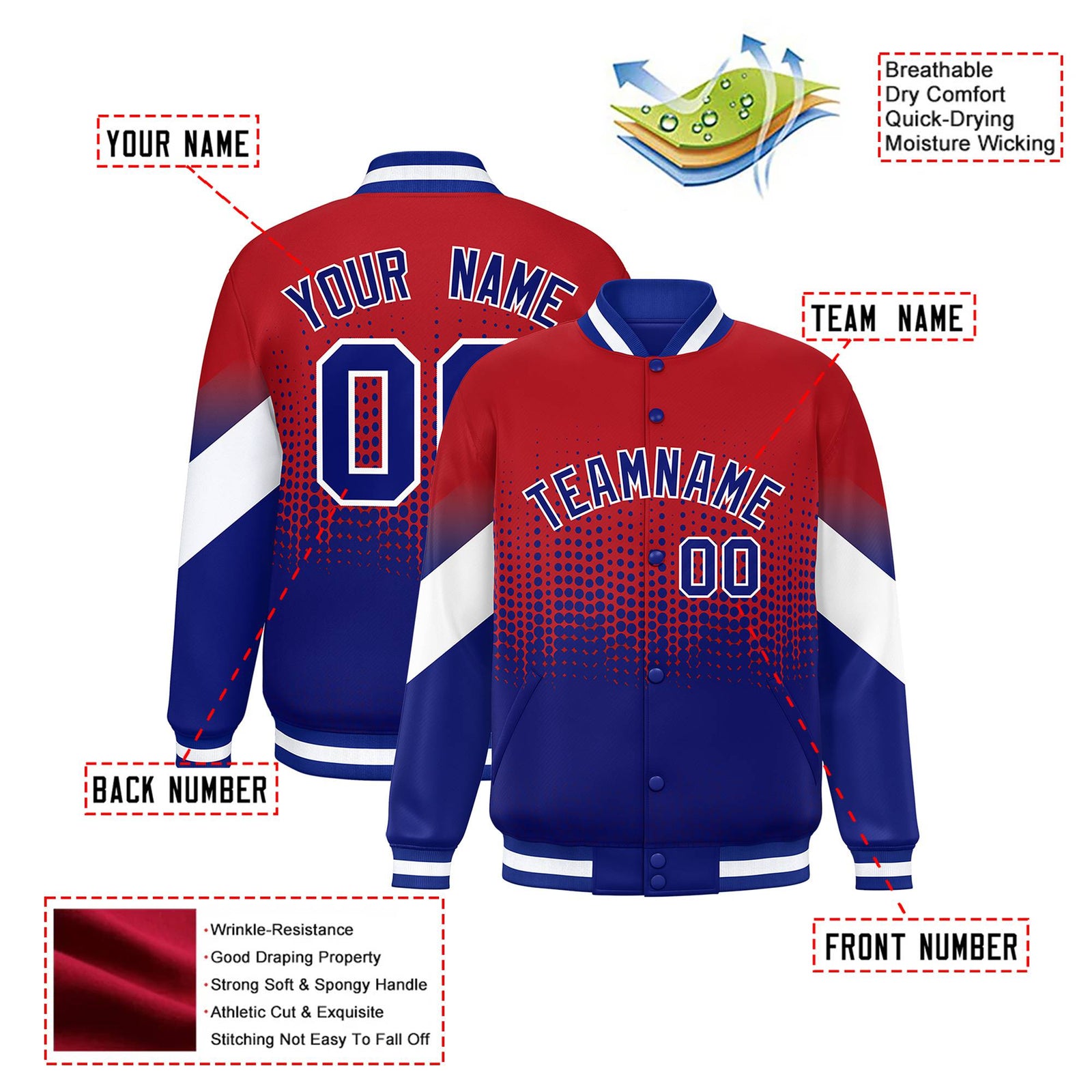 Custom Red Royal Blue Gradient Varsity Full-Snap Polka Dot Pattern Letterman Baseball Jacket