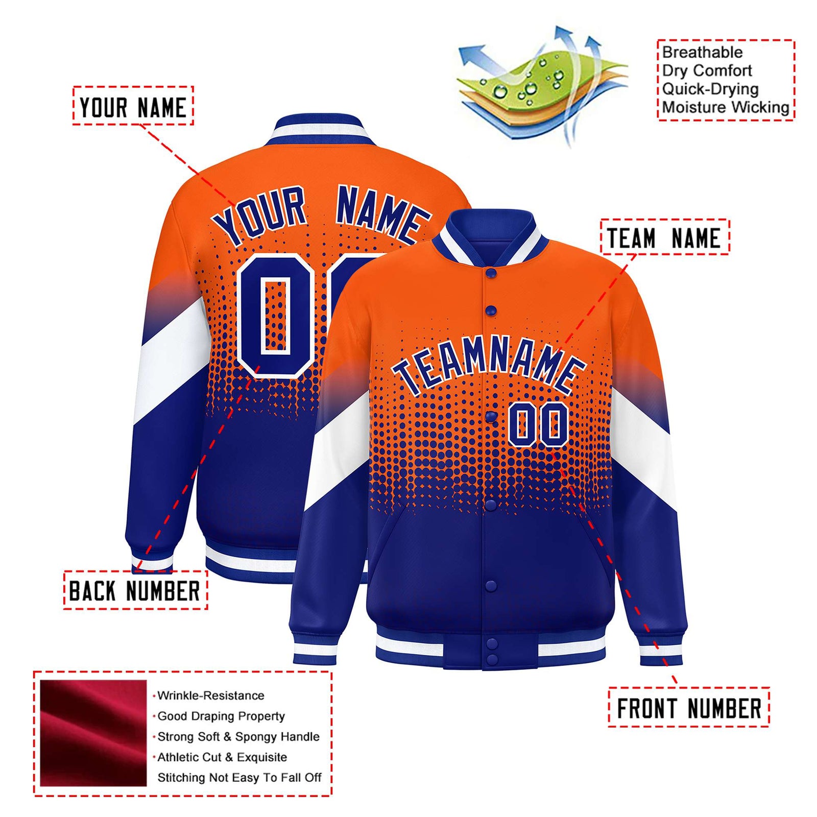 Custom Orange Royal Blue Gradient Varsity Full-Snap Polka Dot Pattern Letterman Baseball Jacket