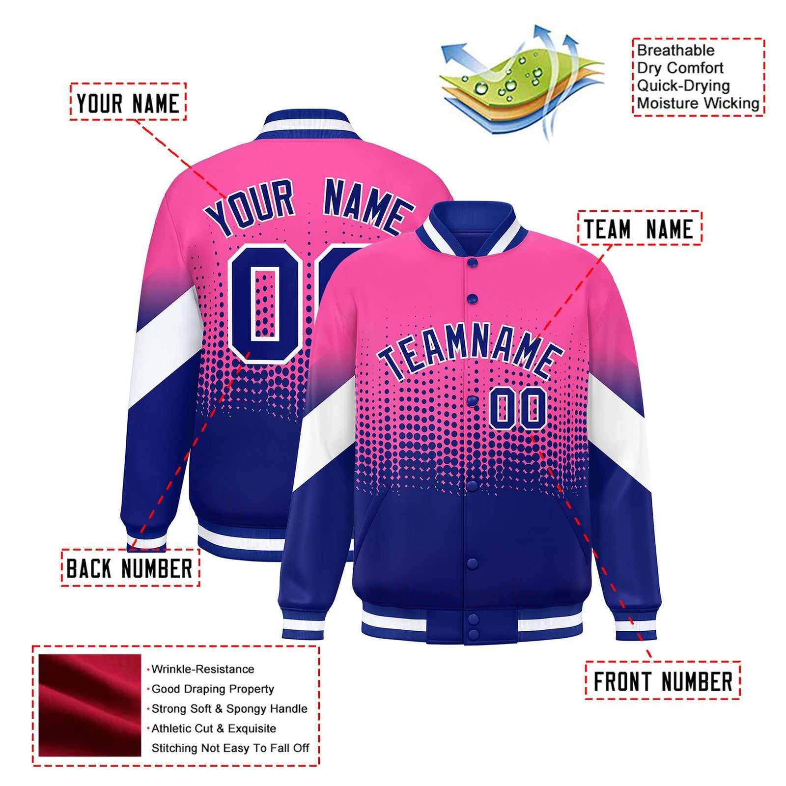 Custom Pink Royal Blue Gradient Varsity Full-Snap Polka Dot Pattern Letterman Baseball Jacket