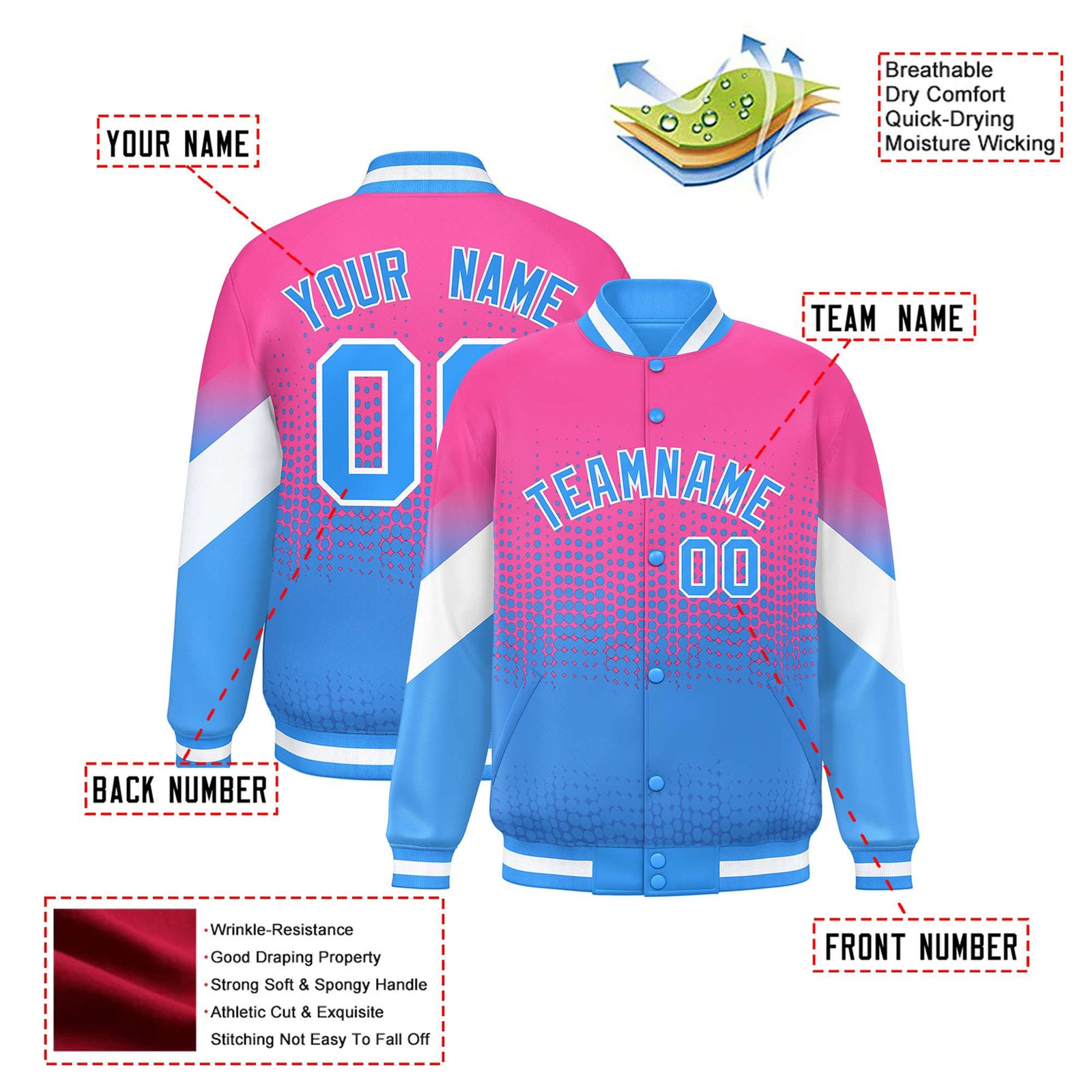 Custom Pink Powder Blue Gradient Varsity Full-Snap Polka Dot Pattern Letterman Baseball Jacket