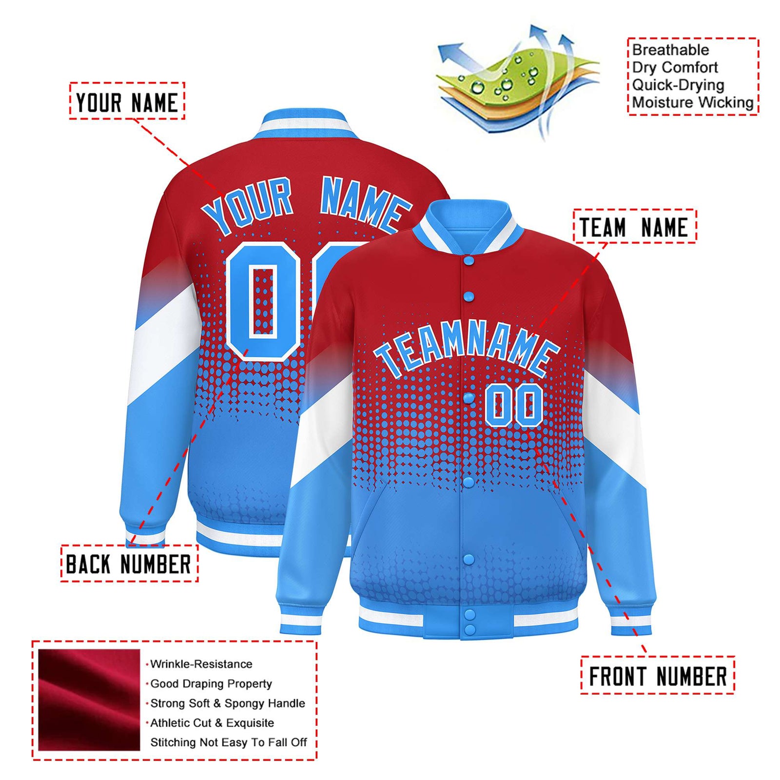 Custom Red Powder Blue Gradient Varsity Full-Snap Polka Dot Pattern Letterman Baseball Jacket