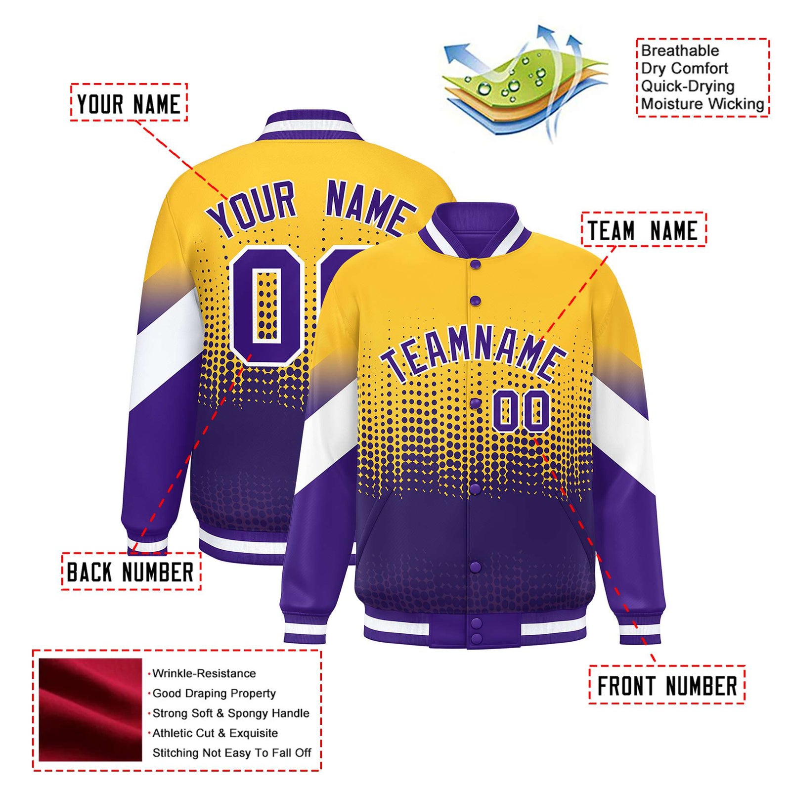 Custom Yellow Purple Gradient Varsity Full-Snap Polka Dot Pattern Letterman Baseball Jacket