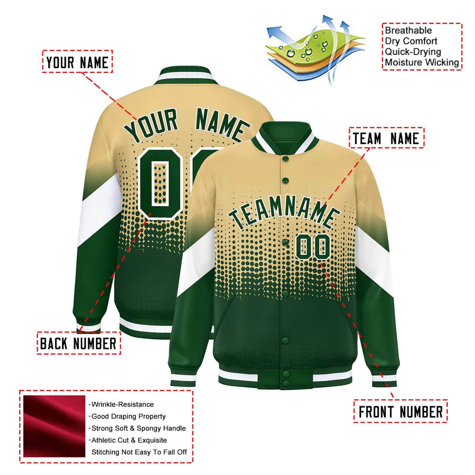 Custom Khaki Green Gradient Varsity Full-Snap Polka Dot Pattern Letterman Baseball Jacket