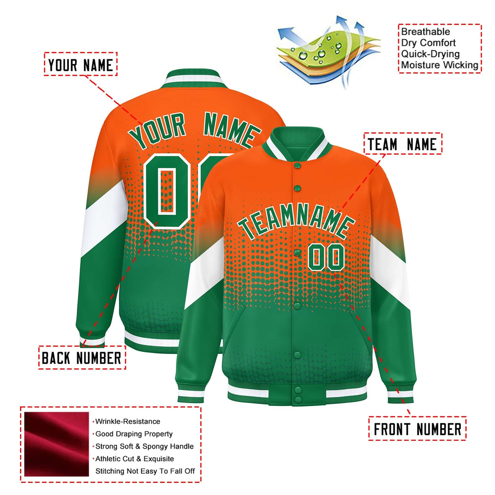 Custom Orange Kelly Green Gradient Varsity Full-Snap Polka Dot Pattern Letterman Baseball Jacket