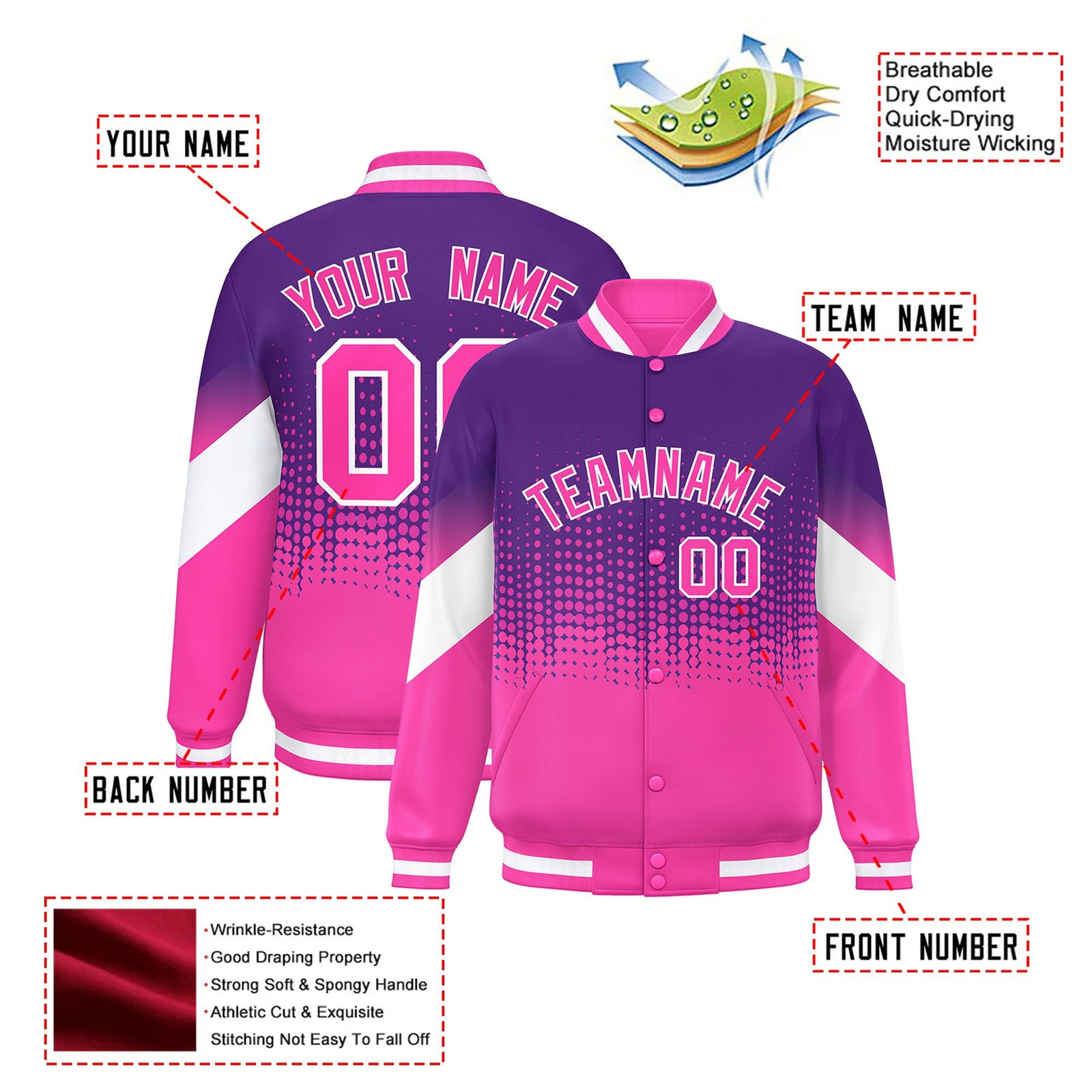 Custom Purple Pink Gradient Varsity Full-Snap Polka Dot Pattern Letterman Baseball Jacket