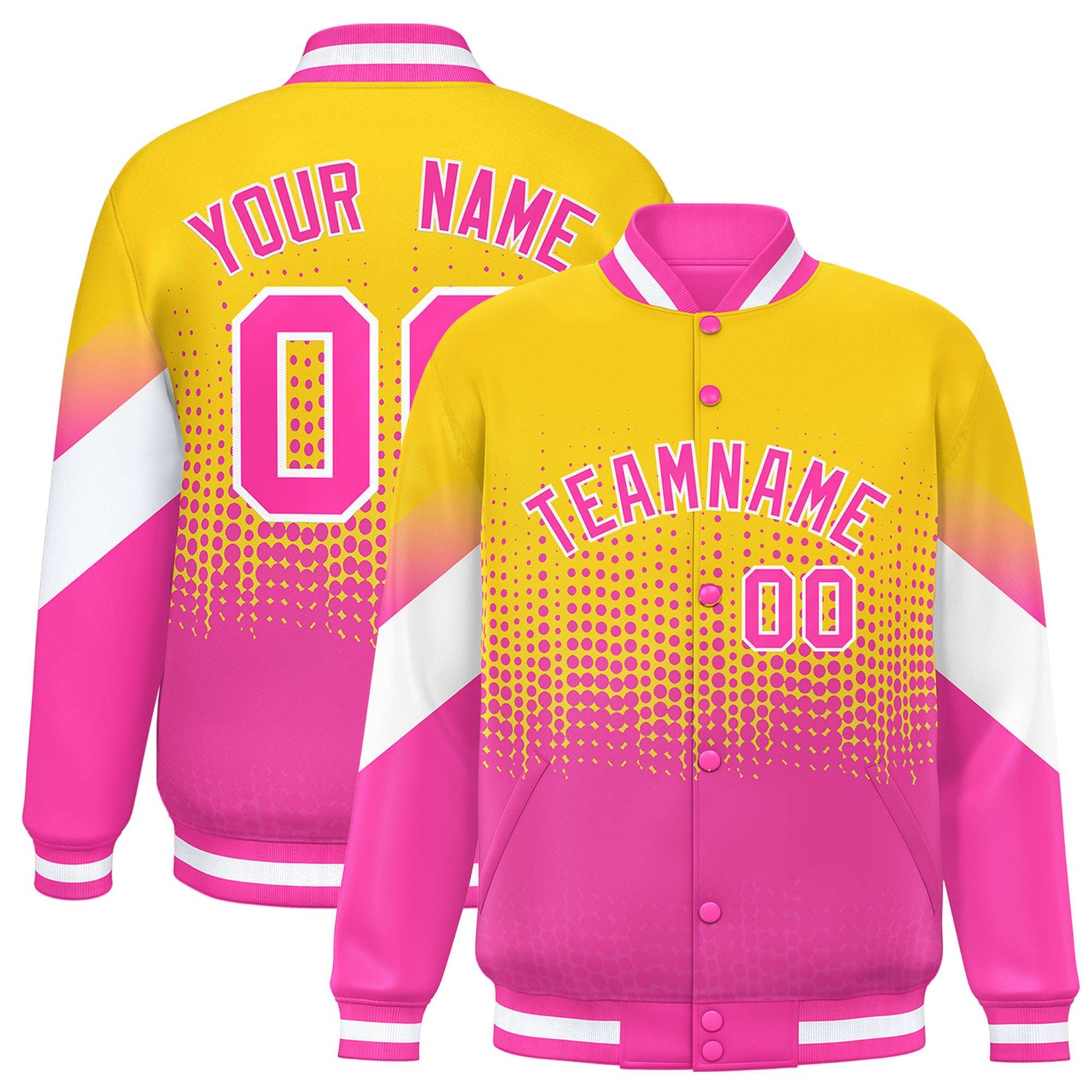 Custom Yellow Pink Gradient Varsity Full-Snap Polka Dot Pattern Letterman Baseball Jacket