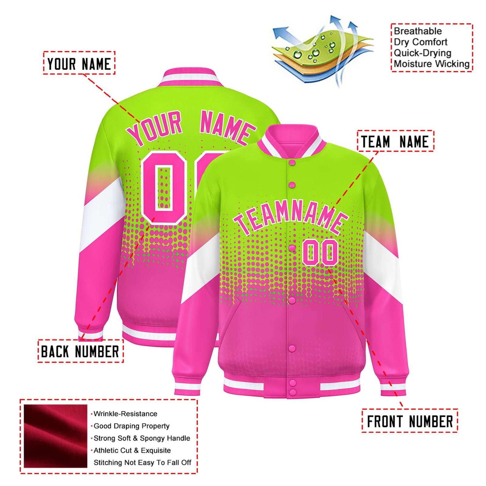 Custom Neon Green Pink Gradient Varsity Full-Snap Polka Dot Pattern Letterman Baseball Jacket