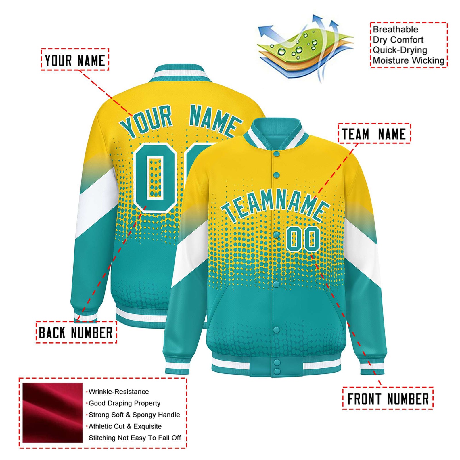 Custom Gold Aqua Gradient Varsity Full-Snap Polka Dot Pattern Letterman Baseball Jacket