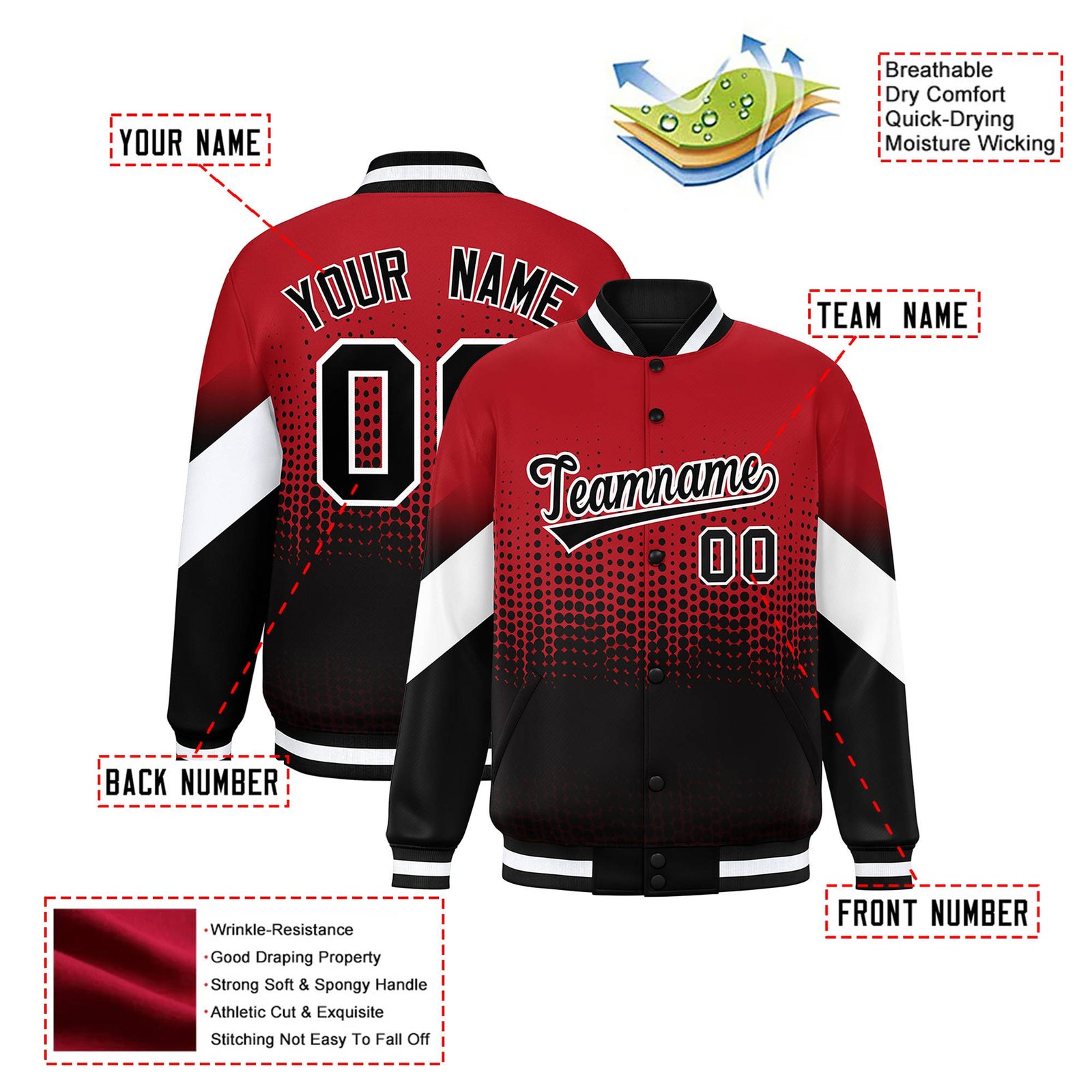 Custom Red Black Gradient Varsity Full-Snap Polka Dot Pattern Letterman Baseball Jacket