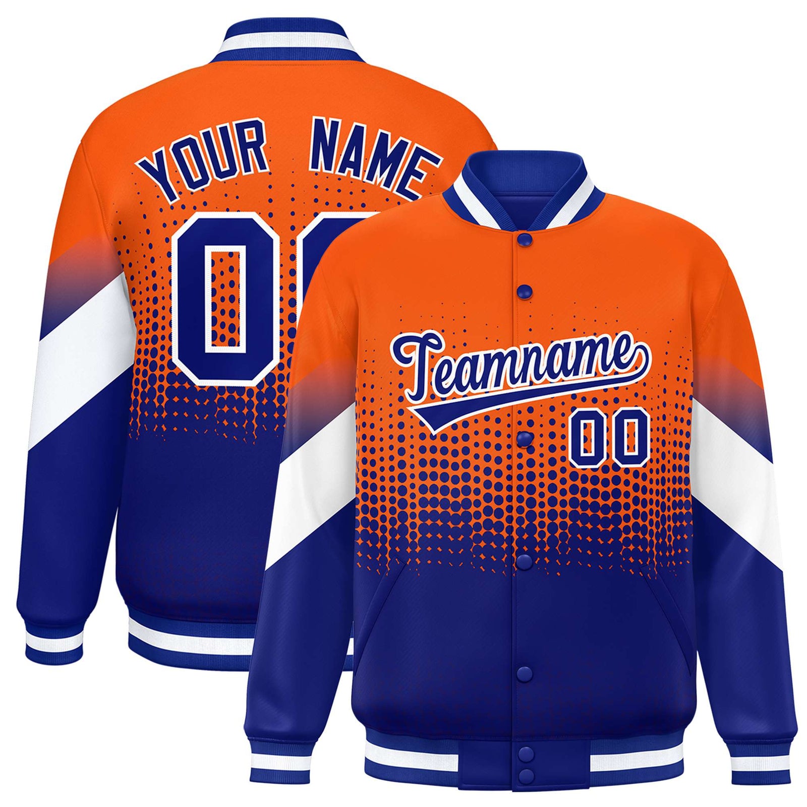 Custom Orange Royal Blue Gradient Varsity Full-Snap Polka Dot Pattern Letterman Baseball Jacket
