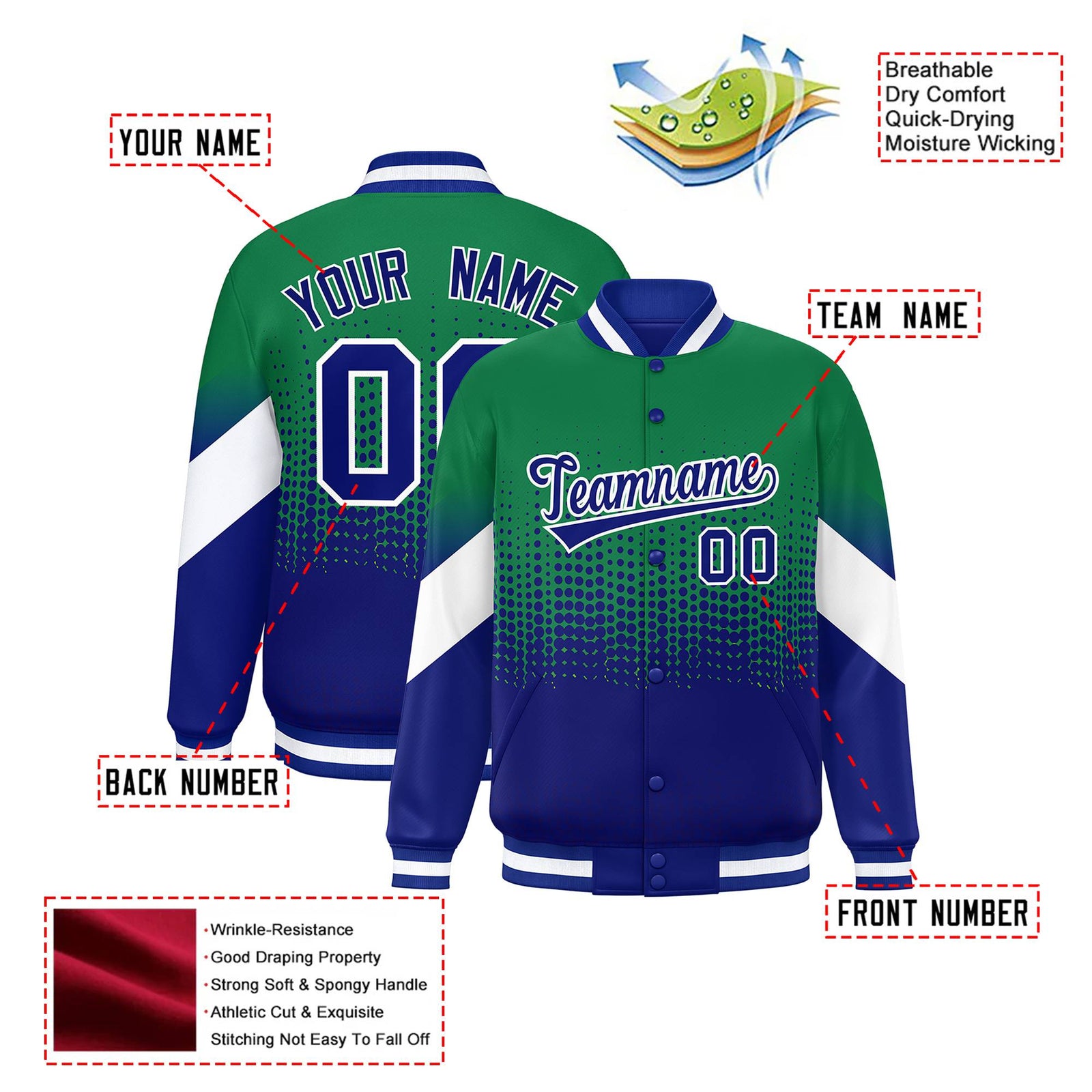 Custom Kelly Green Royal Blue Gradient Varsity Full-Snap Polka Dot Pattern Letterman Baseball Jacket