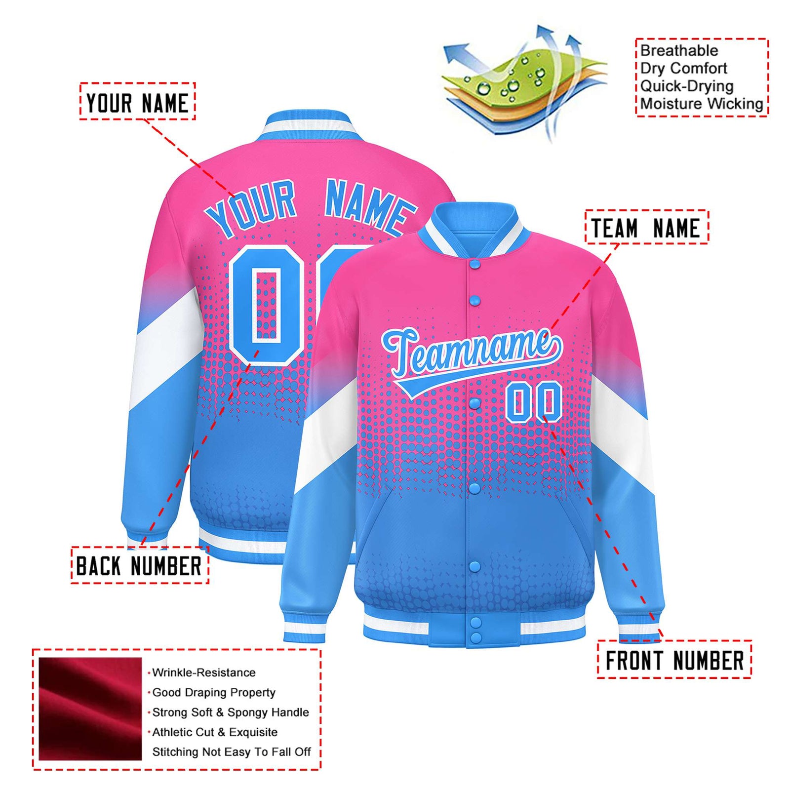 Custom Pink Powder Blue Gradient Varsity Full-Snap Polka Dot Pattern Letterman Baseball Jacket