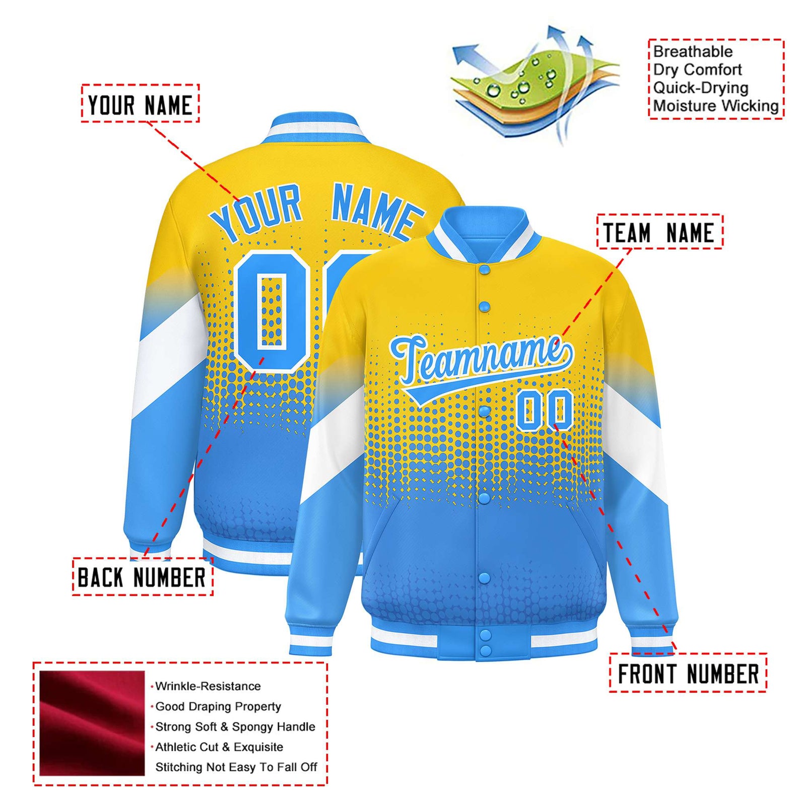 Custom Gold Powder Blue Gradient Varsity Full-Snap Polka Dot Pattern Letterman Baseball Jacket