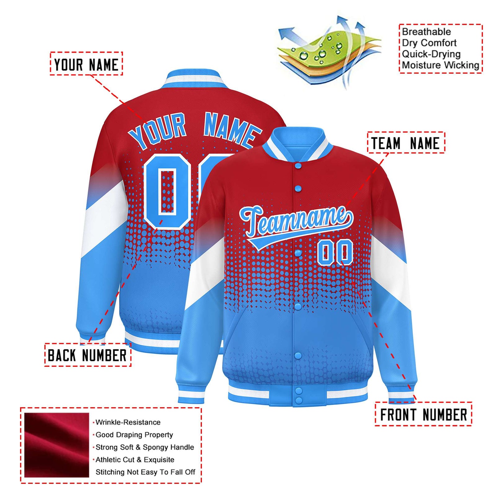 Custom Red Powder Blue Gradient Varsity Full-Snap Polka Dot Pattern Letterman Baseball Jacket