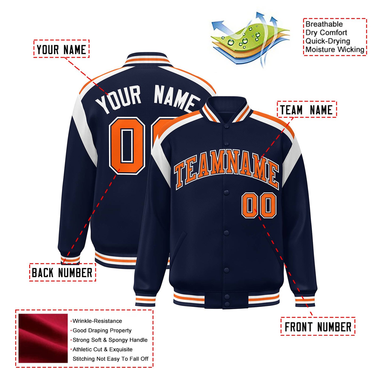 Custom Navy Orange-White Bomber Full-Snap Varsity Letterman Shoulder Stripe Jacket