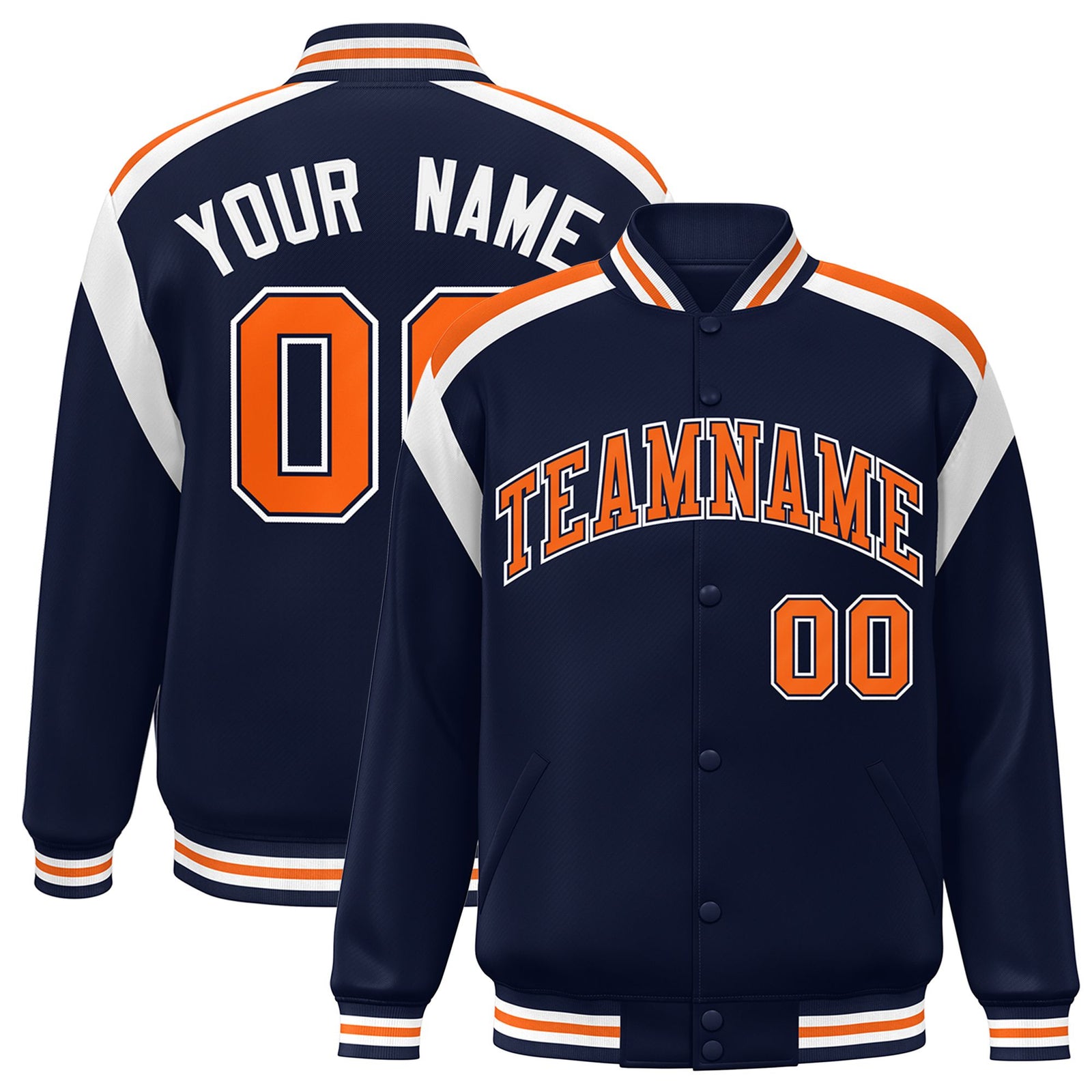 Custom Navy Orange-White Bomber Full-Snap Varsity Letterman Shoulder Stripe Jacket