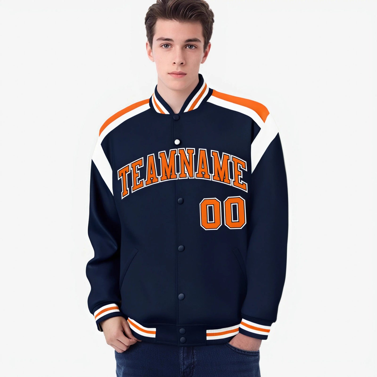Custom Navy Orange-White Bomber Full-Snap Varsity Letterman Shoulder Stripe Jacket