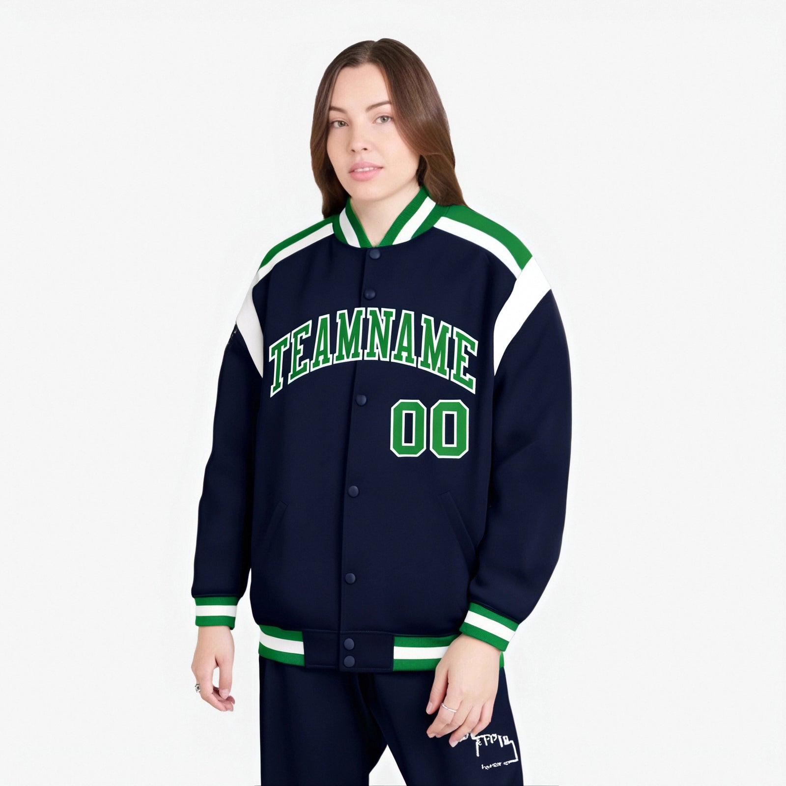 Custom Navy Neon-Green White Bomber Full-Snap Varsity Letterman Shoulder Stripe Jacket