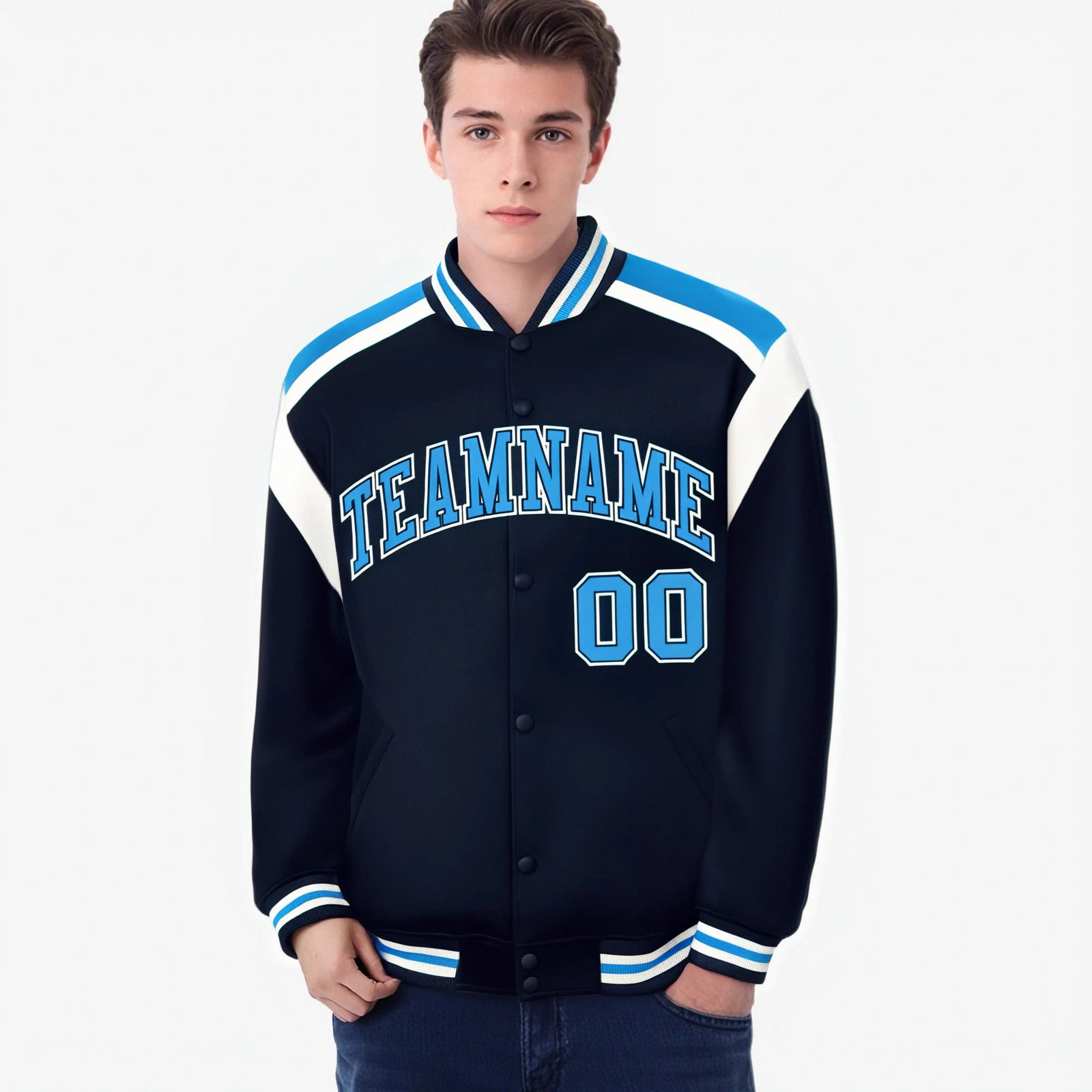 Custom Navy Sky-Blue White Bomber Full-Snap Varsity Letterman Shoulder Stripe Jacket