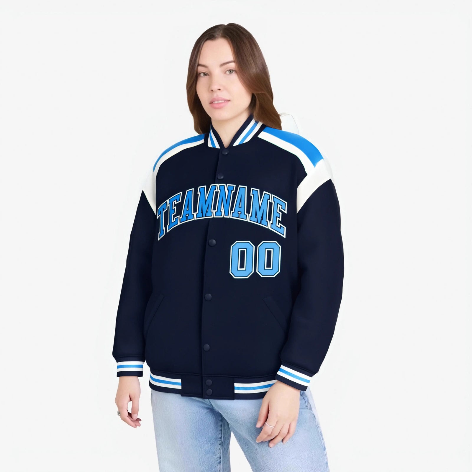 Custom Navy Sky-Blue White Bomber Full-Snap Varsity Letterman Shoulder Stripe Jacket
