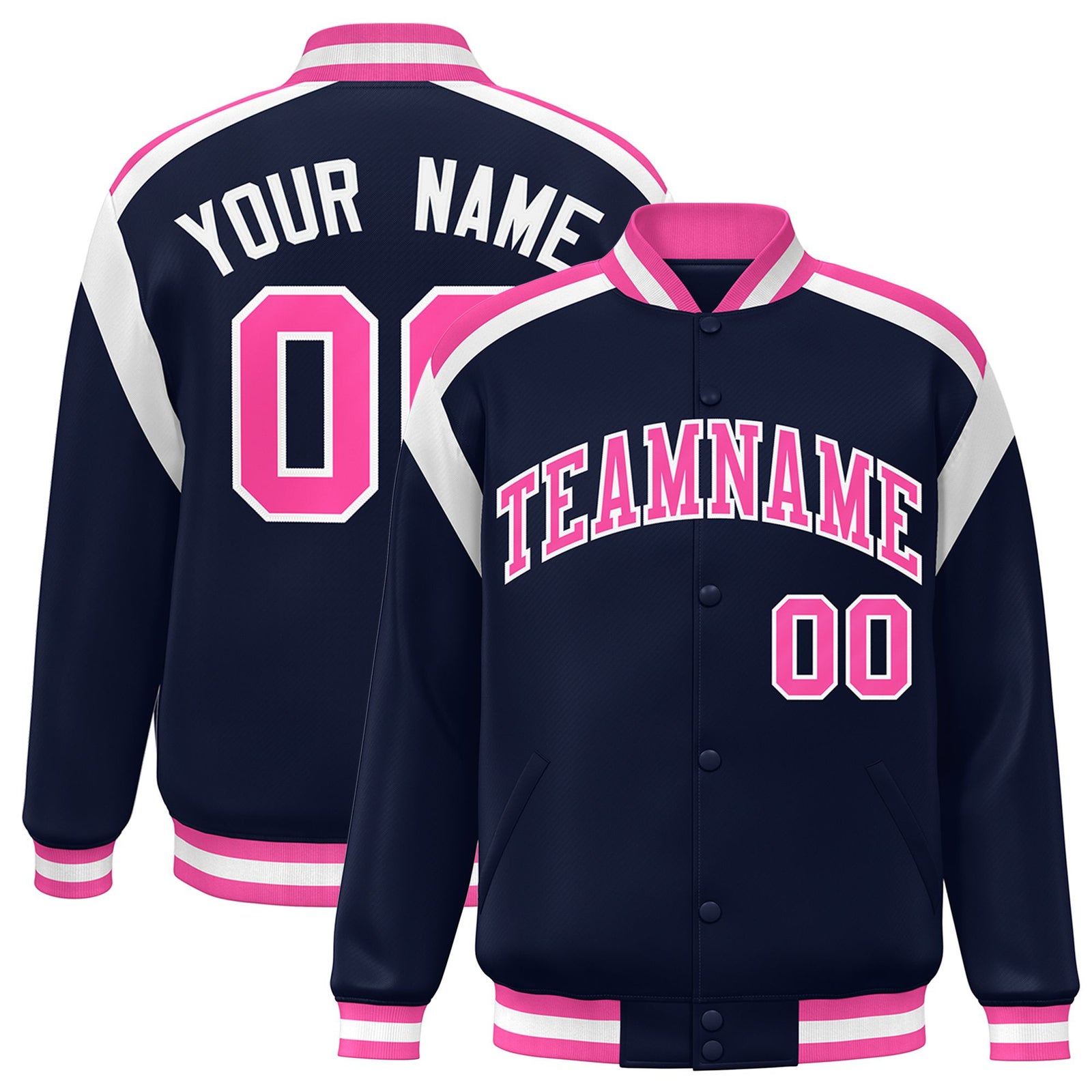 Custom Navy Pink-White Bomber Full-Snap Varsity Letterman Shoulder Stripe Jacket