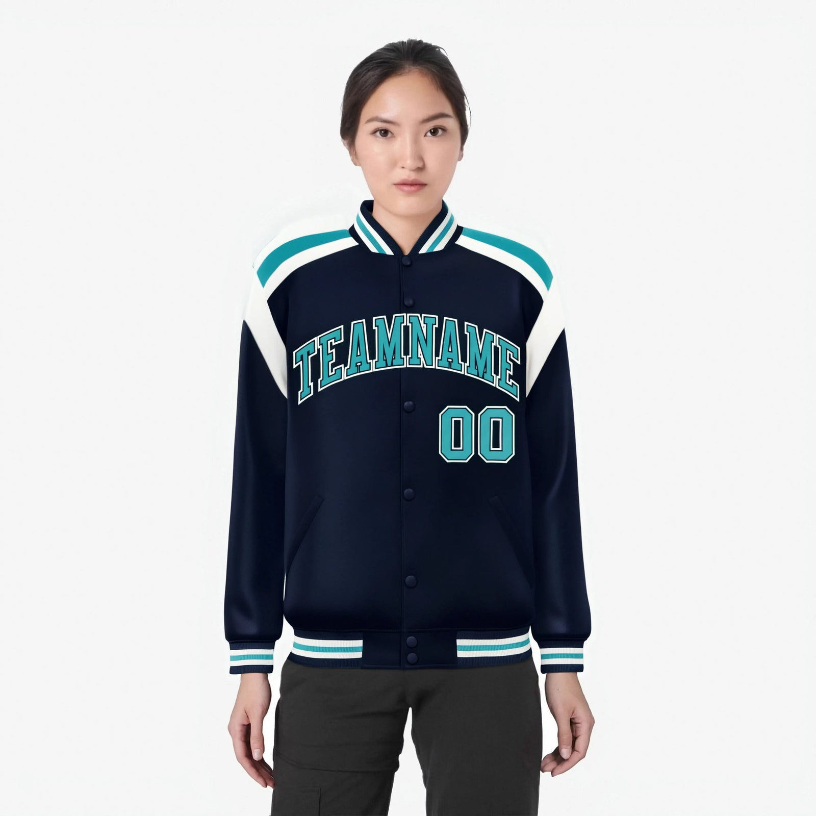 Custom Navy Aqua-White Bomber Full-Snap Varsity Letterman Shoulder Stripe Jacket