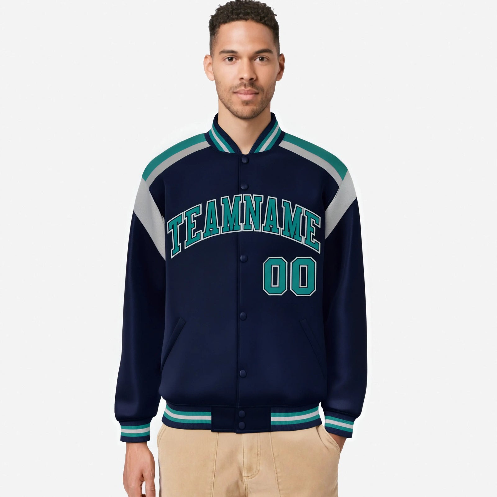 Custom Navy Kelly-Green Gray Bomber Full-Snap Varsity Letterman Shoulder Stripe Jacket