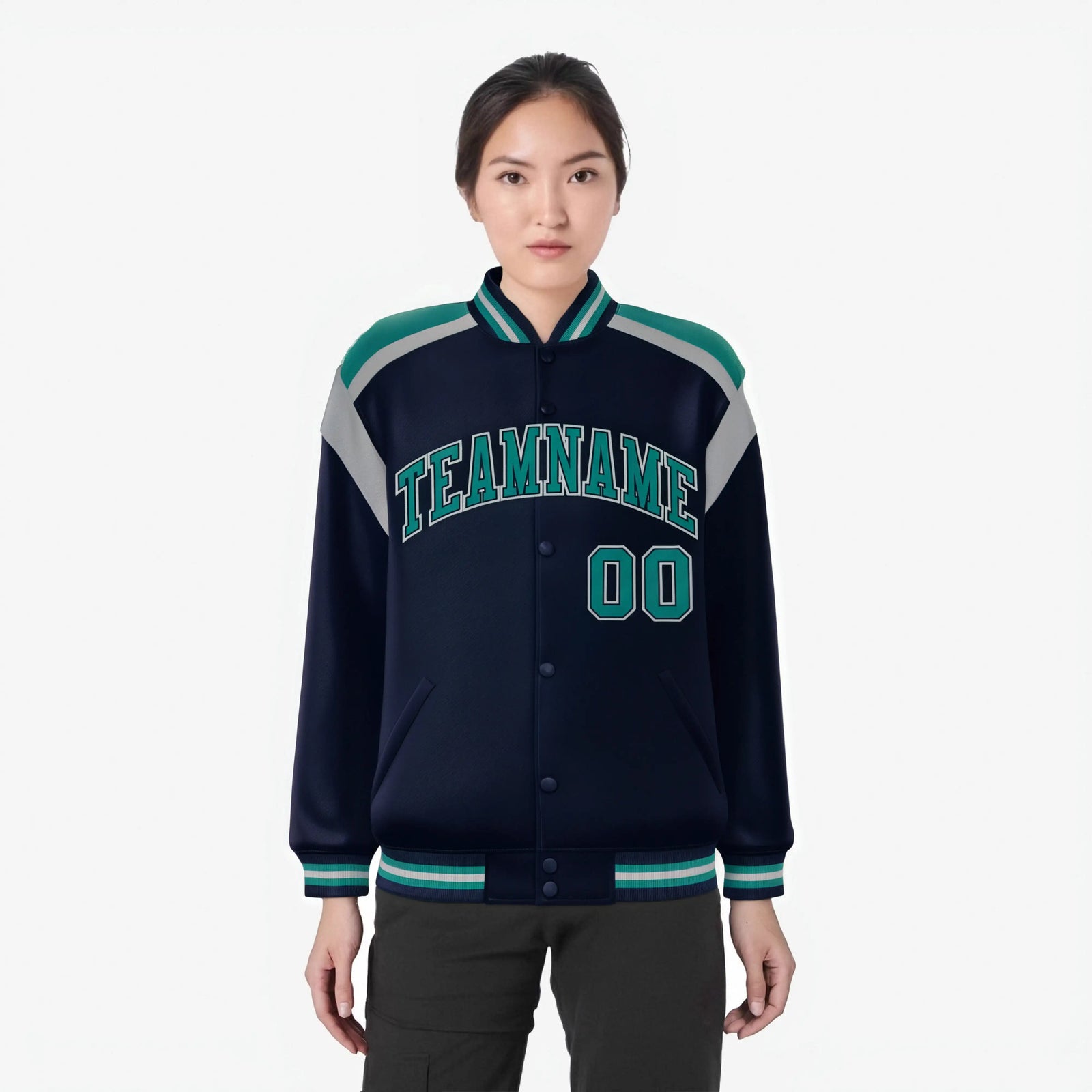 Custom Navy Kelly-Green Gray Bomber Full-Snap Varsity Letterman Shoulder Stripe Jacket