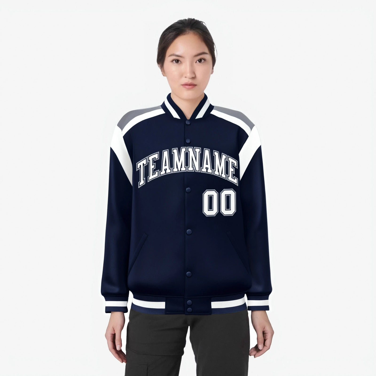 Custom Navy White-Gray Bomber Full-Snap Varsity Letterman Shoulder Stripe Jacket