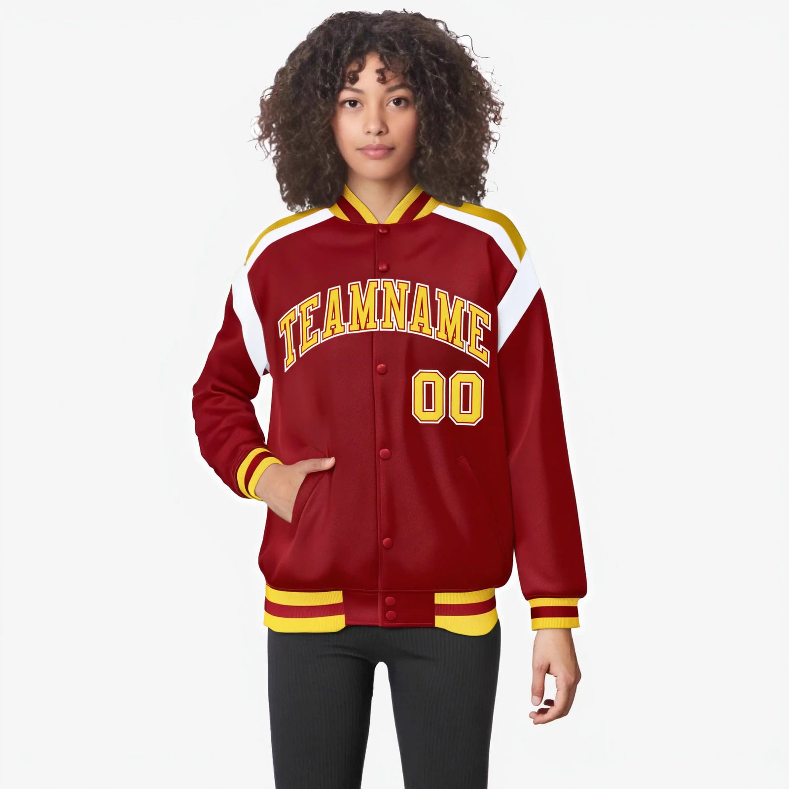 Custom Royal Red Yellow-White Bomber Full-Snap Varsity Letterman Shoulder Stripe Jacket