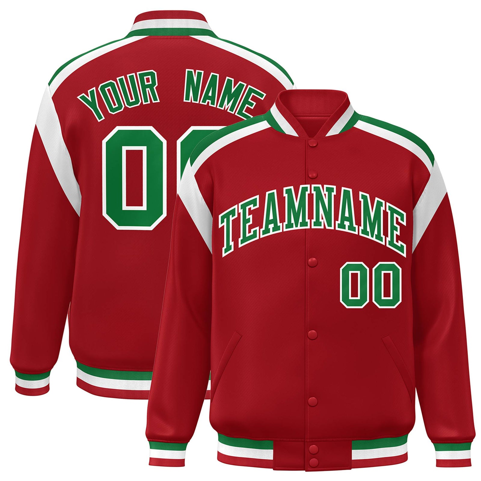 Custom Royal Red Neon-Green White Bomber Full-Snap Varsity Letterman Shoulder Stripe Jacket