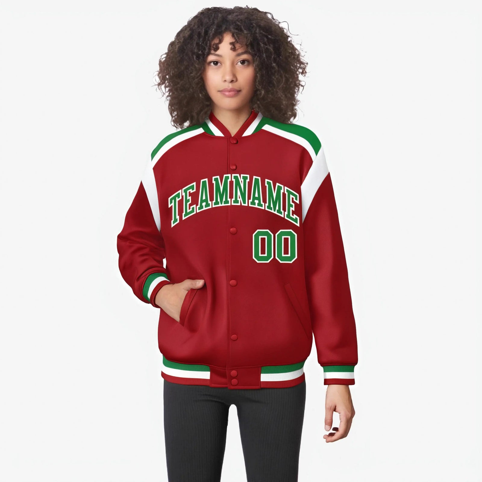 Custom Royal Red Neon-Green White Bomber Full-Snap Varsity Letterman Shoulder Stripe Jacket