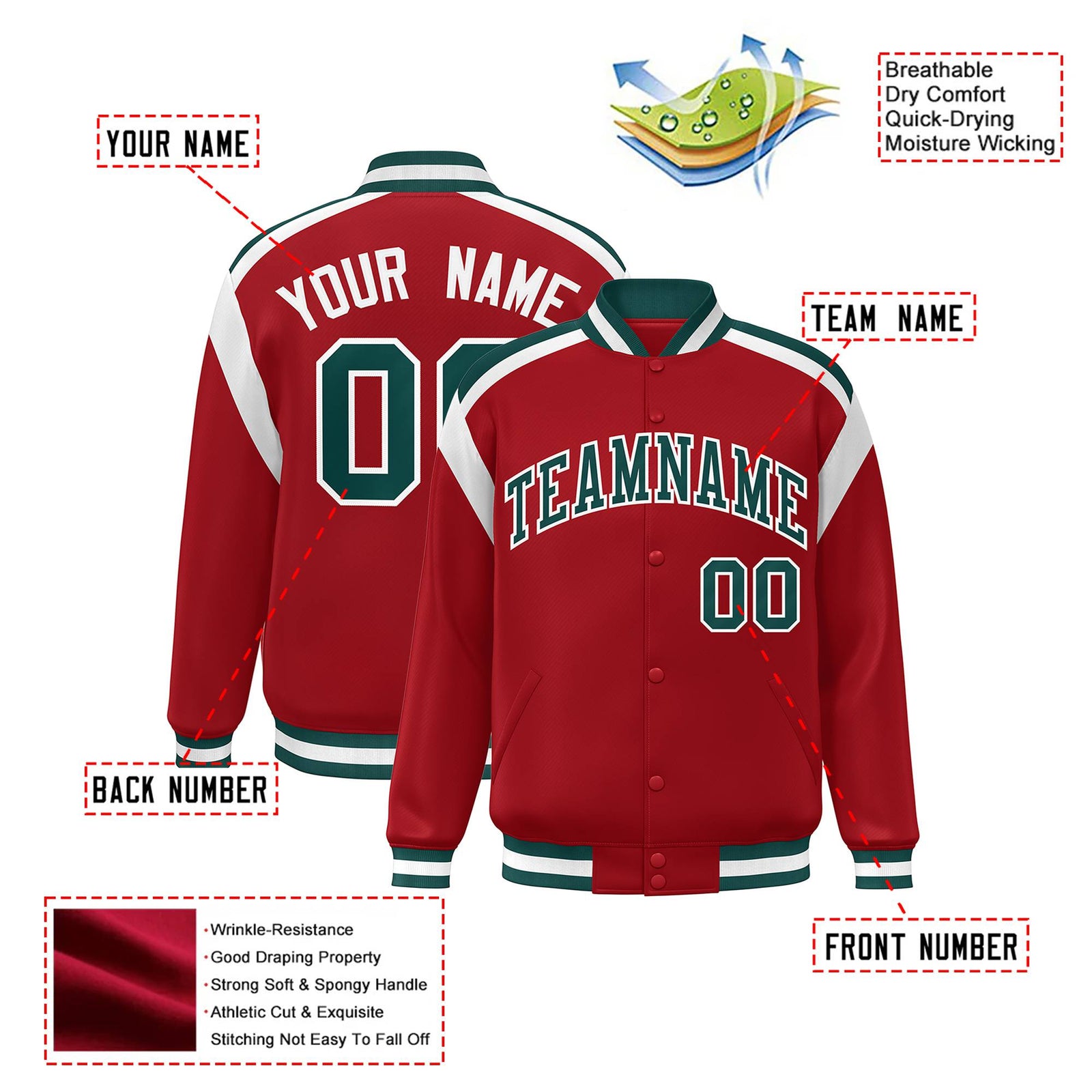 Custom Royal Red Midnight-Green White Bomber Full-Snap Varsity Letterman Shoulder Stripe Jacket
