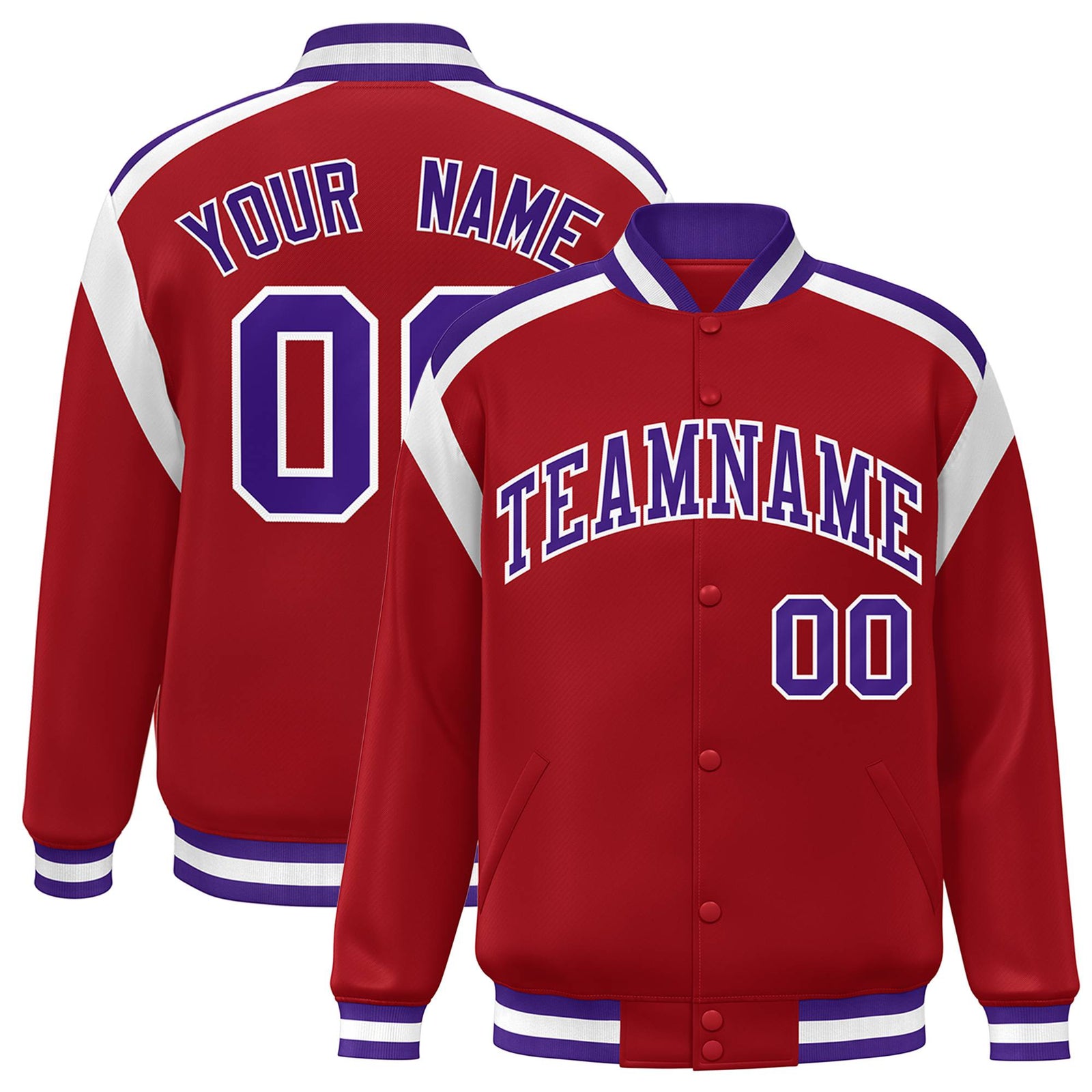 Custom Royal Red Purple-White Bomber Full-Snap Varsity Letterman Shoulder Stripe Jacket