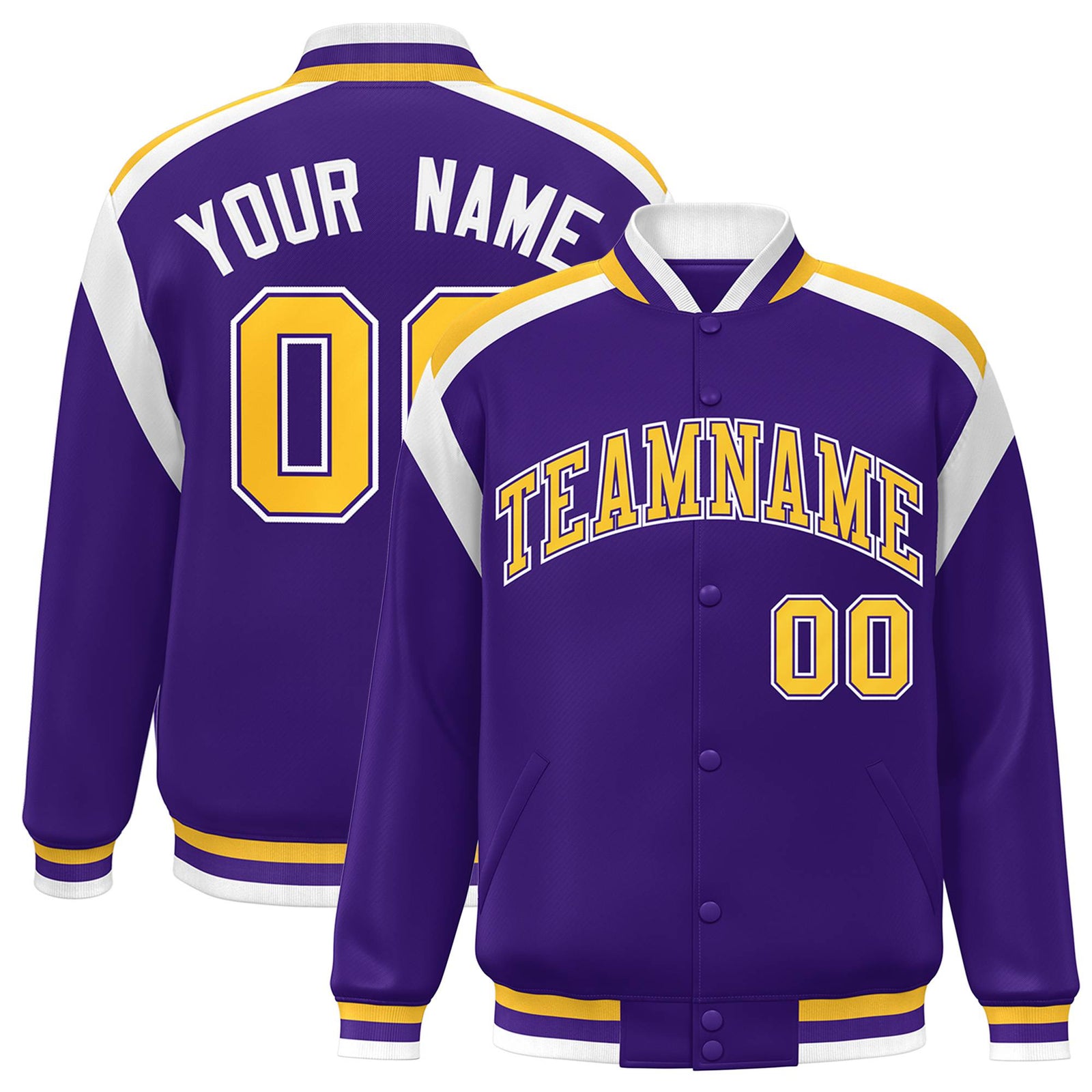 Custom Purple Yellow-White Bomber Full-Snap Varsity Letterman Shoulder Stripe Jacket