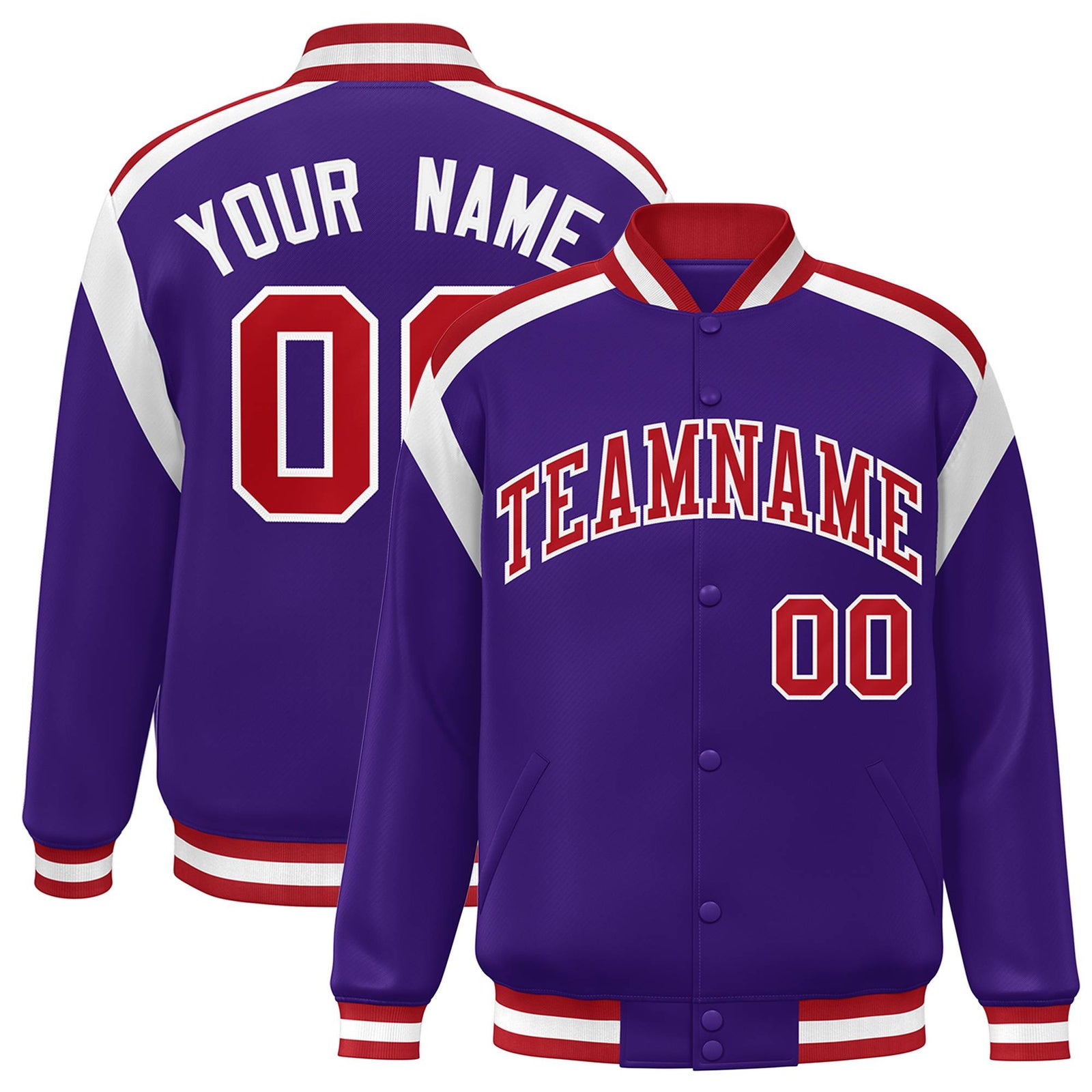 Custom Purple Red-White Bomber Full-Snap Varsity Letterman Shoulder Stripe Jacket
