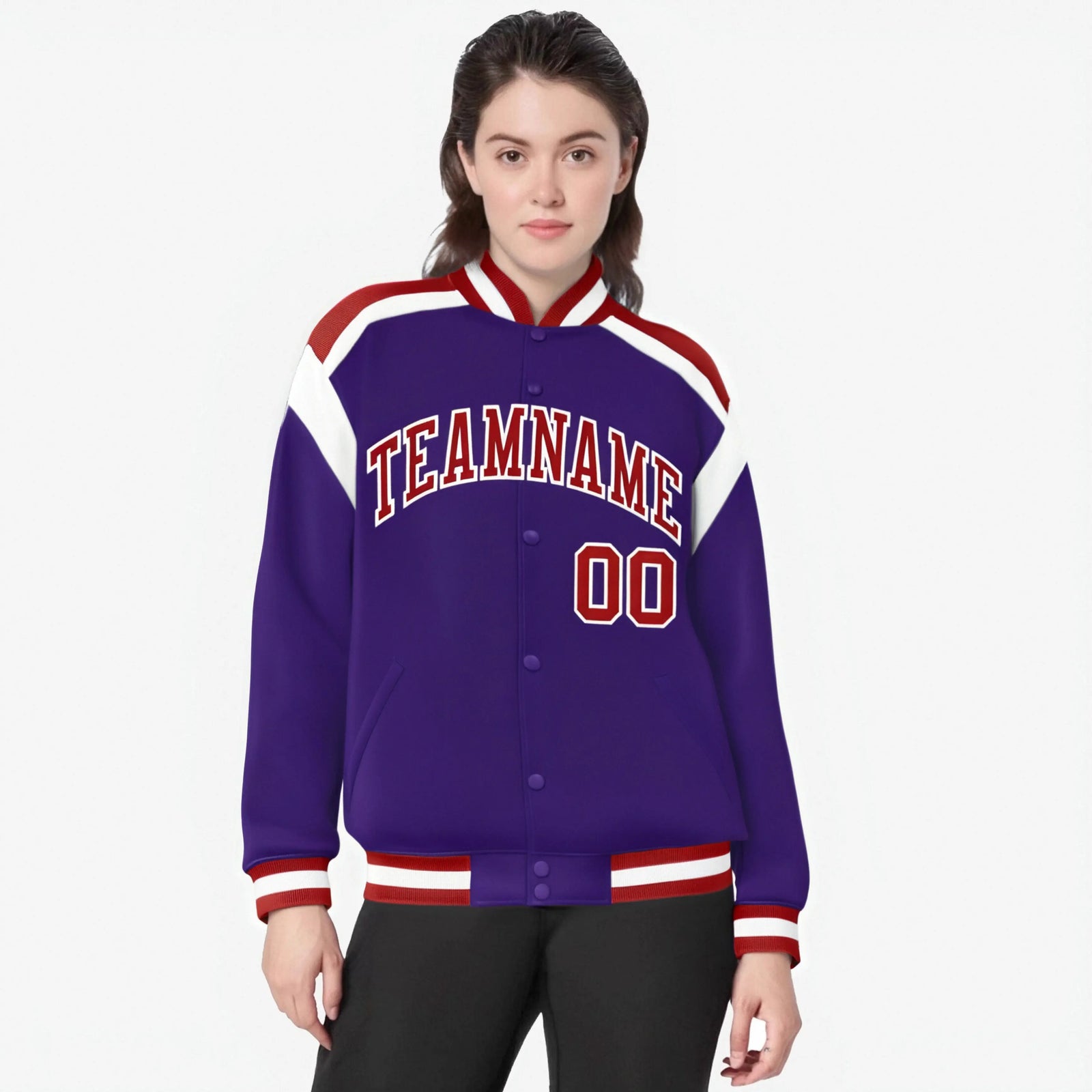 Custom Purple Red-White Bomber Full-Snap Varsity Letterman Shoulder Stripe Jacket